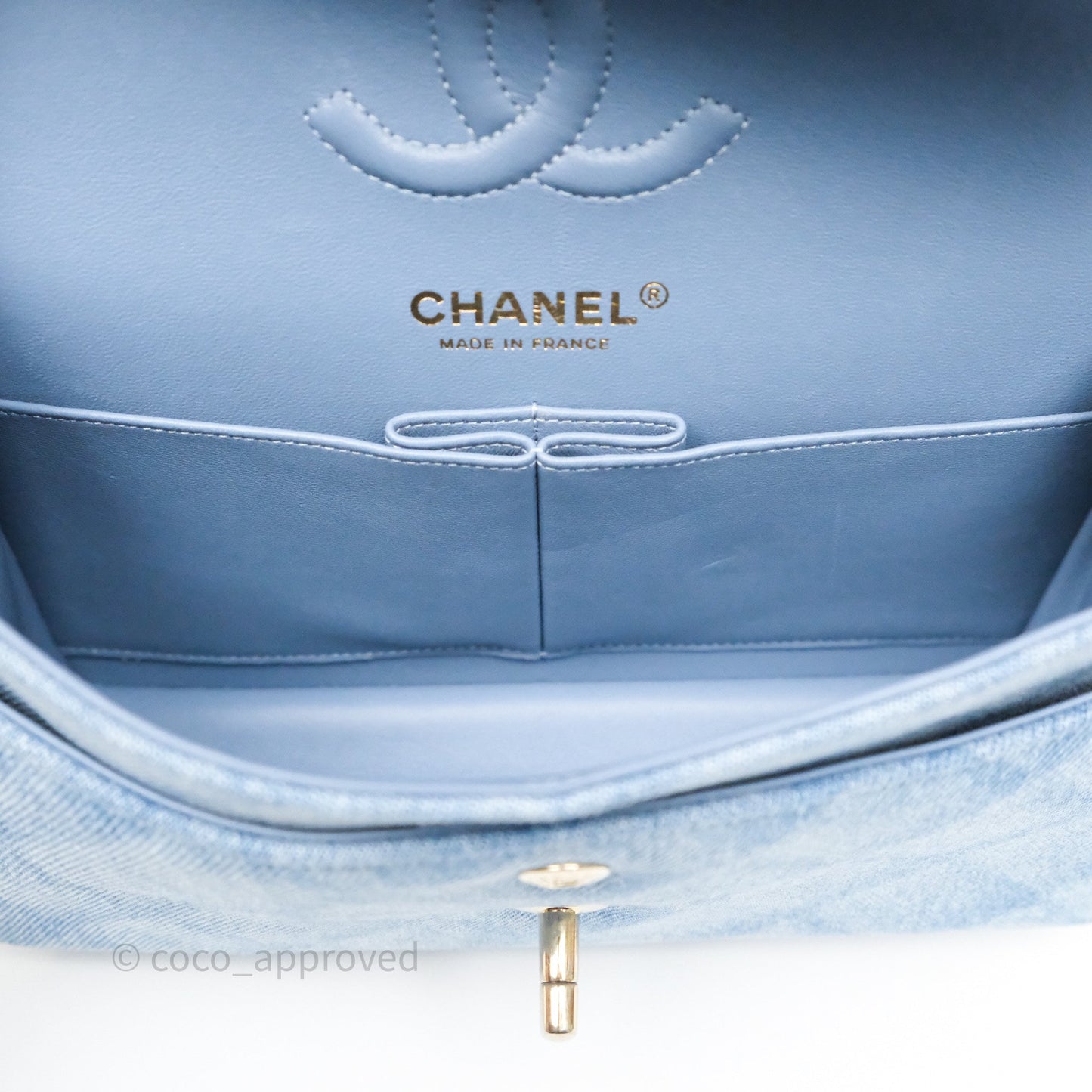 Chanel Small Double Flap Blue Printed Quilted Denim Gold Hardware