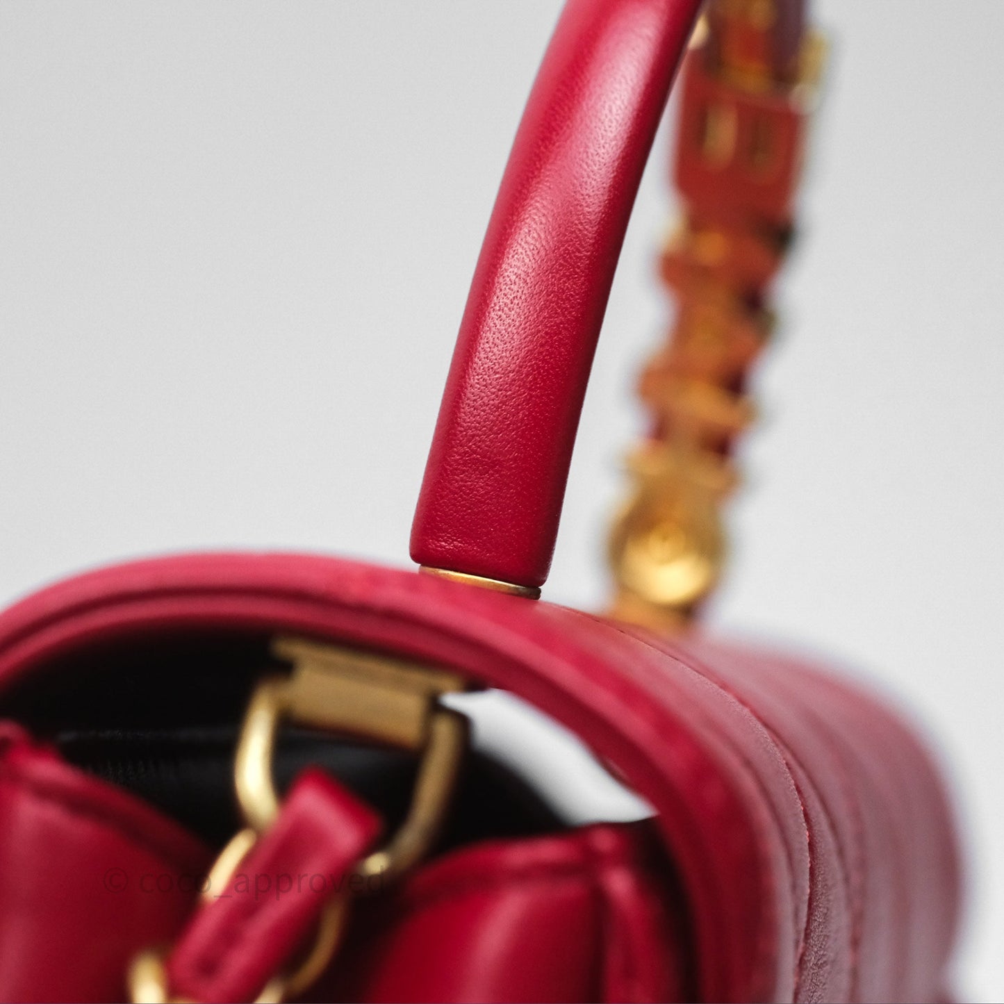 Chanel Quilted Flap Bag  with Pearl Logo Top Handle Red Lambskin Aged Gold Hardware