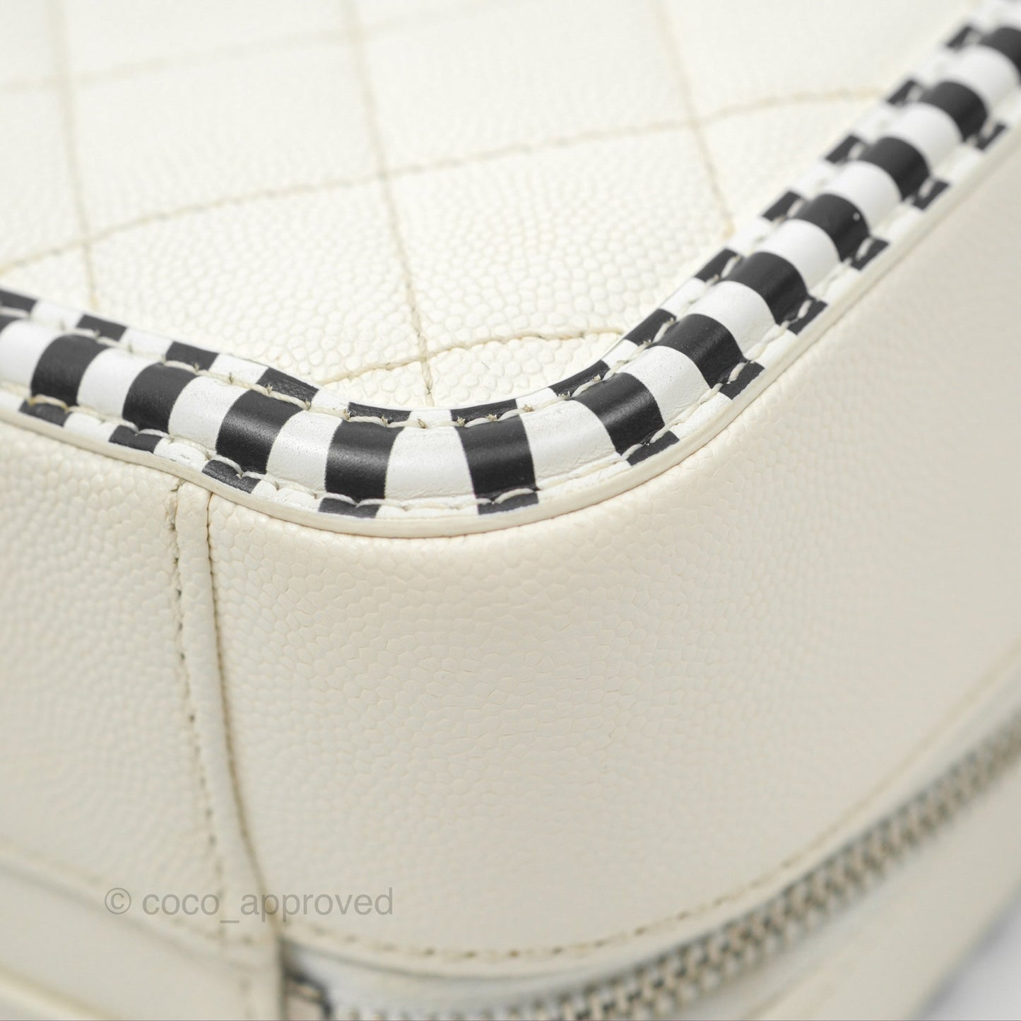 Chanel Quilted Medium CC Filigree Vanity Case White Black Stripe Caviar Silver Hardware