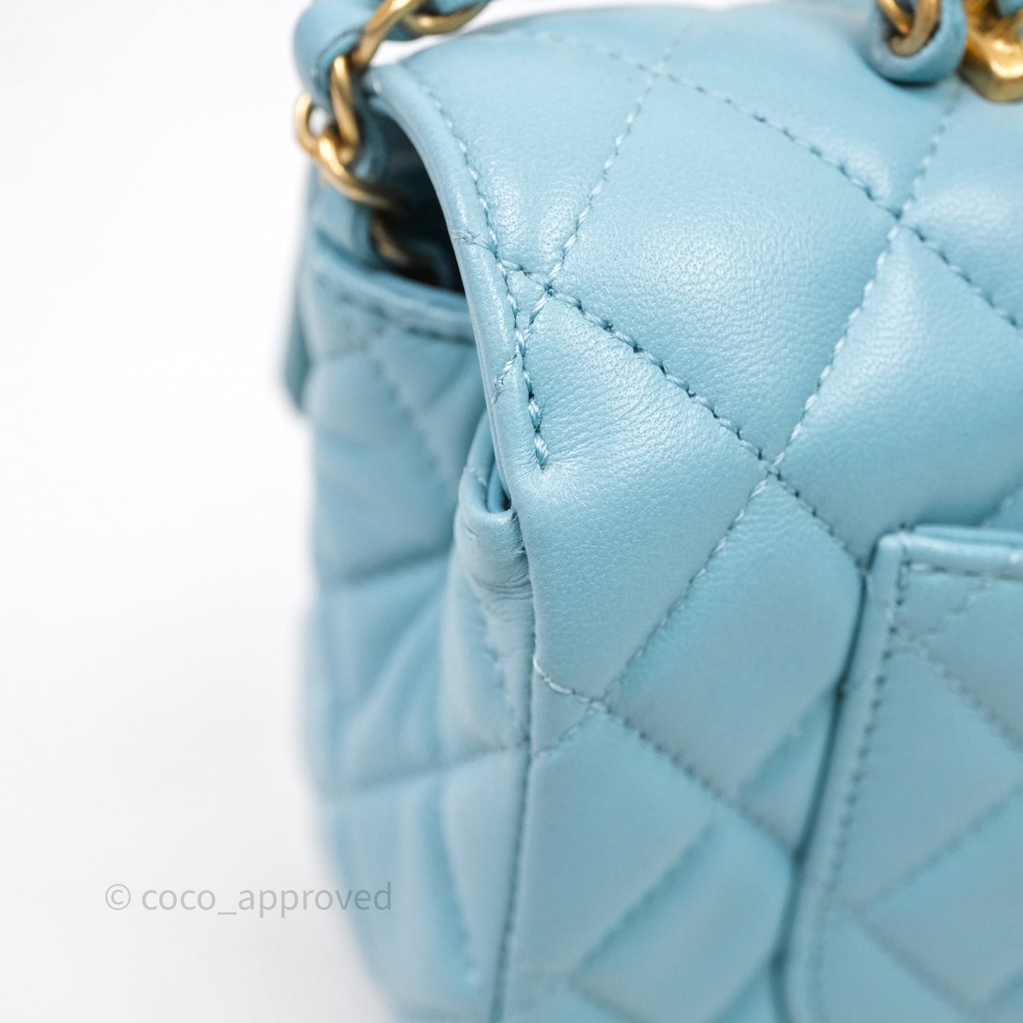 Chanel Flap Bag with Crystal Logo Top Handle Tiffany Blue Lambskin Aged Gold Hardware
