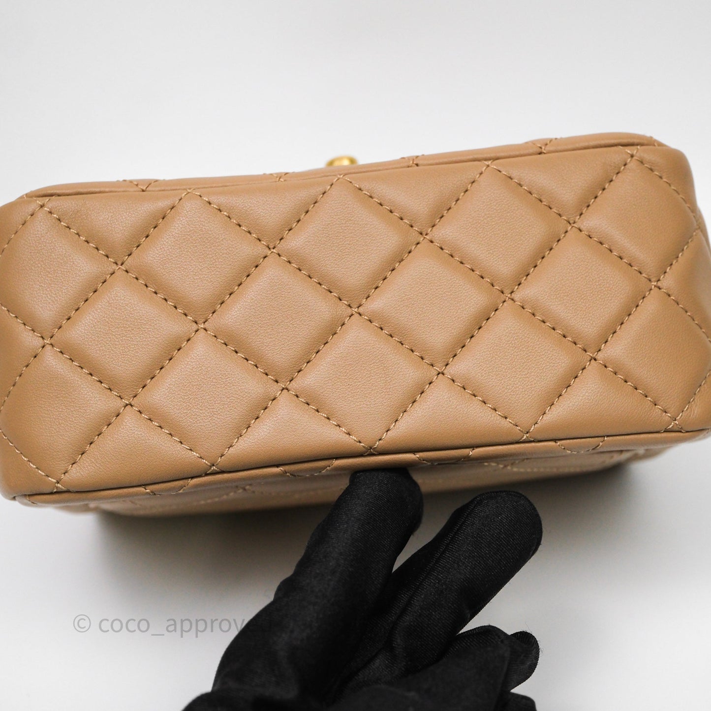 Chanel Pearl Crush Mini Square Quilted Beige Lambskin Aged Gold Hardware
