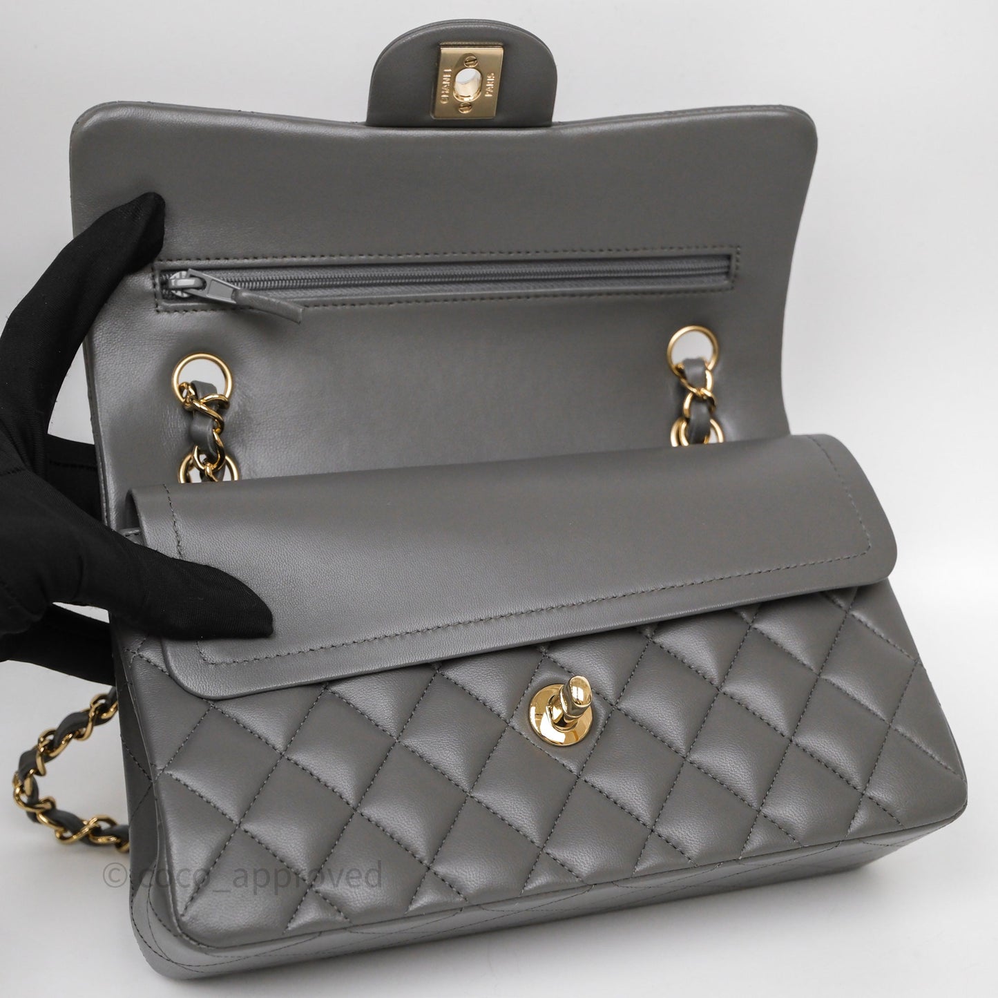Chanel Small Quilted Classic Flap Grey Lambskin Light Gold Hardware