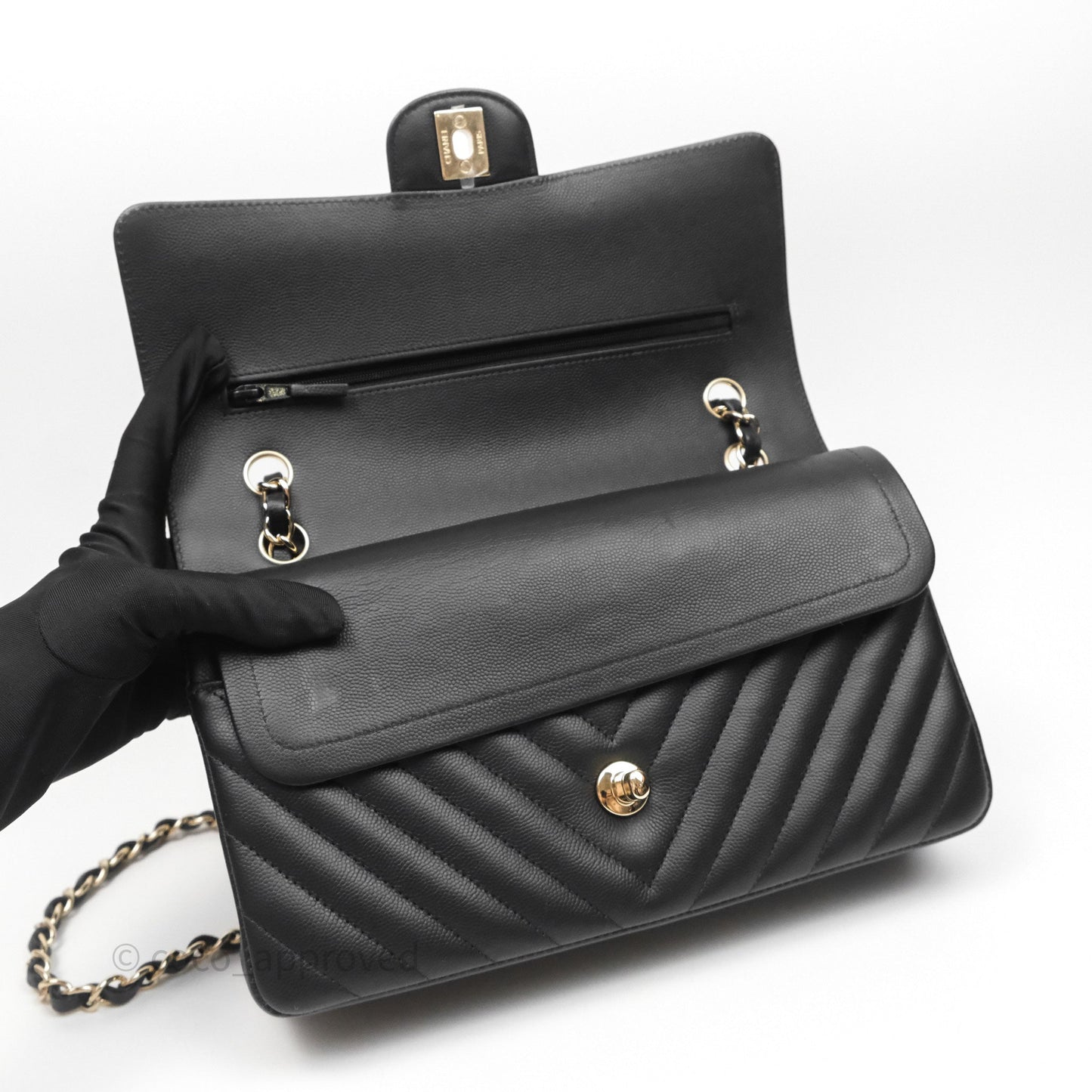 Chanel Classic M/L Medium Flap Chevron Black Caviar Gold Hardware