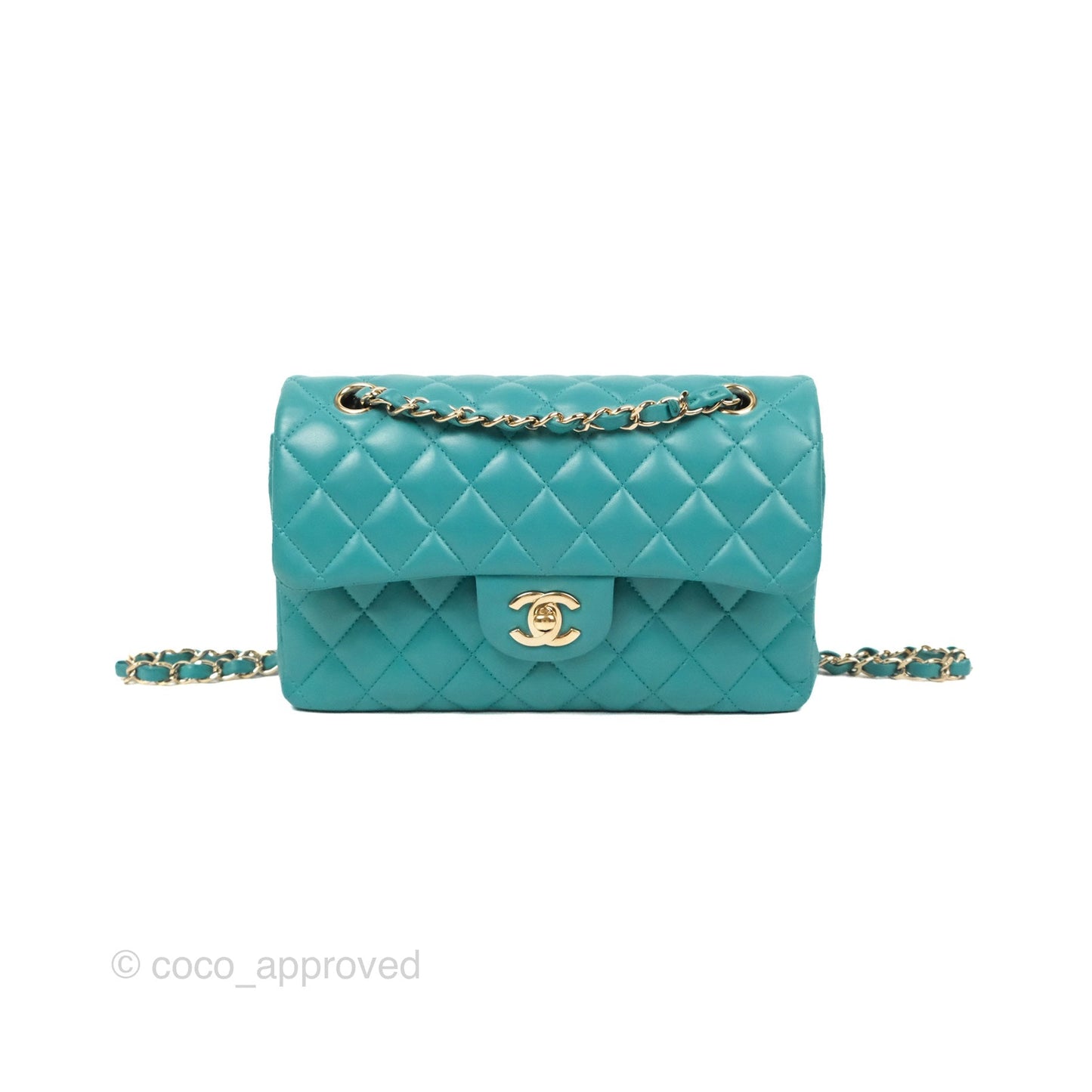 Chanel Small Classic Quilted Flap Turquoise Lambskin Gold Hardware