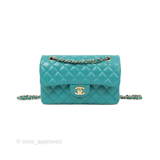 Chanel Small Classic Quilted Flap Turquoise Lambskin Gold Hardware