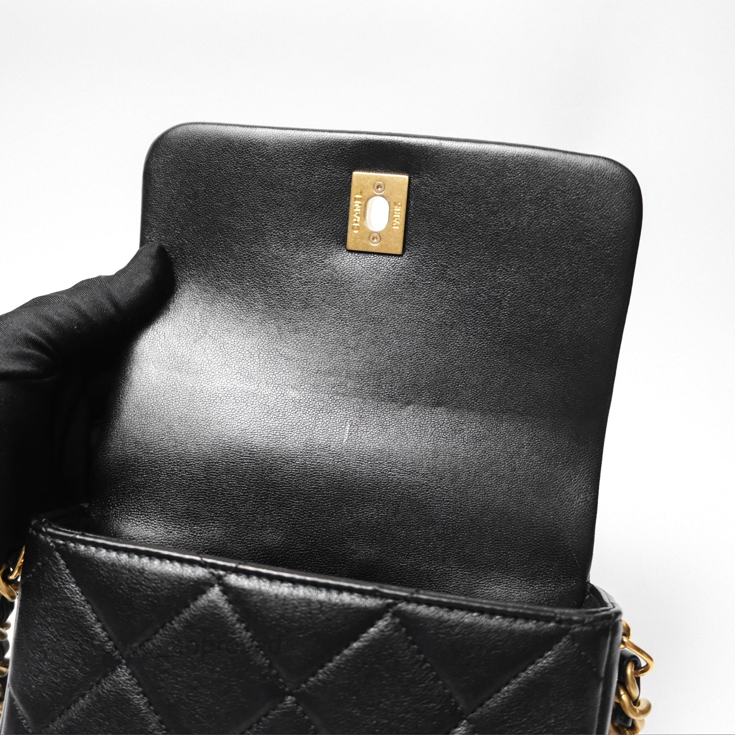 Chanel Logo Mini Square Flap Bag Black Lambskin Aged Gold Hardware 21B