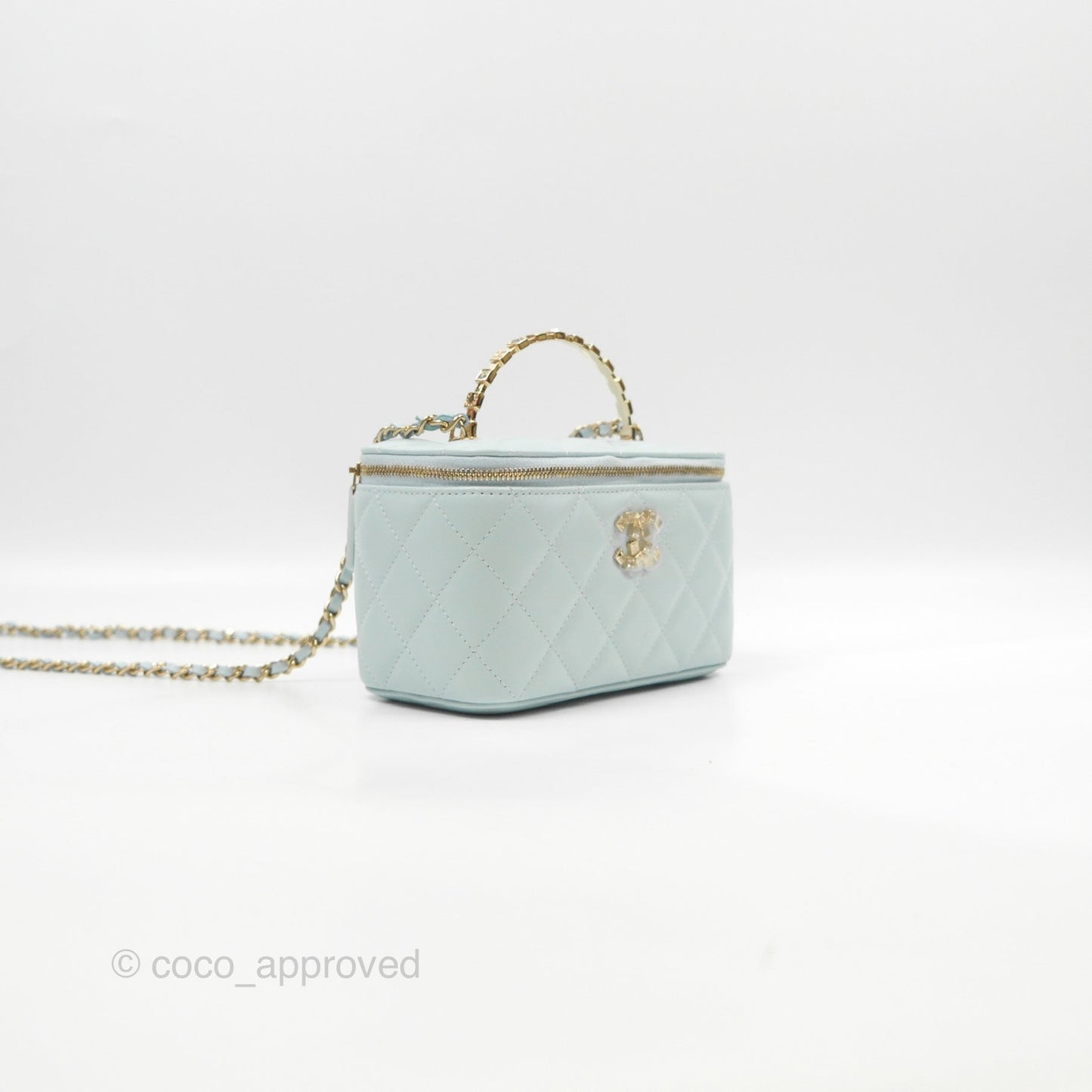 Chanel Vanity Rectangular Logo Crystal Top Handle Light Blue Lambskin Gold Hardware