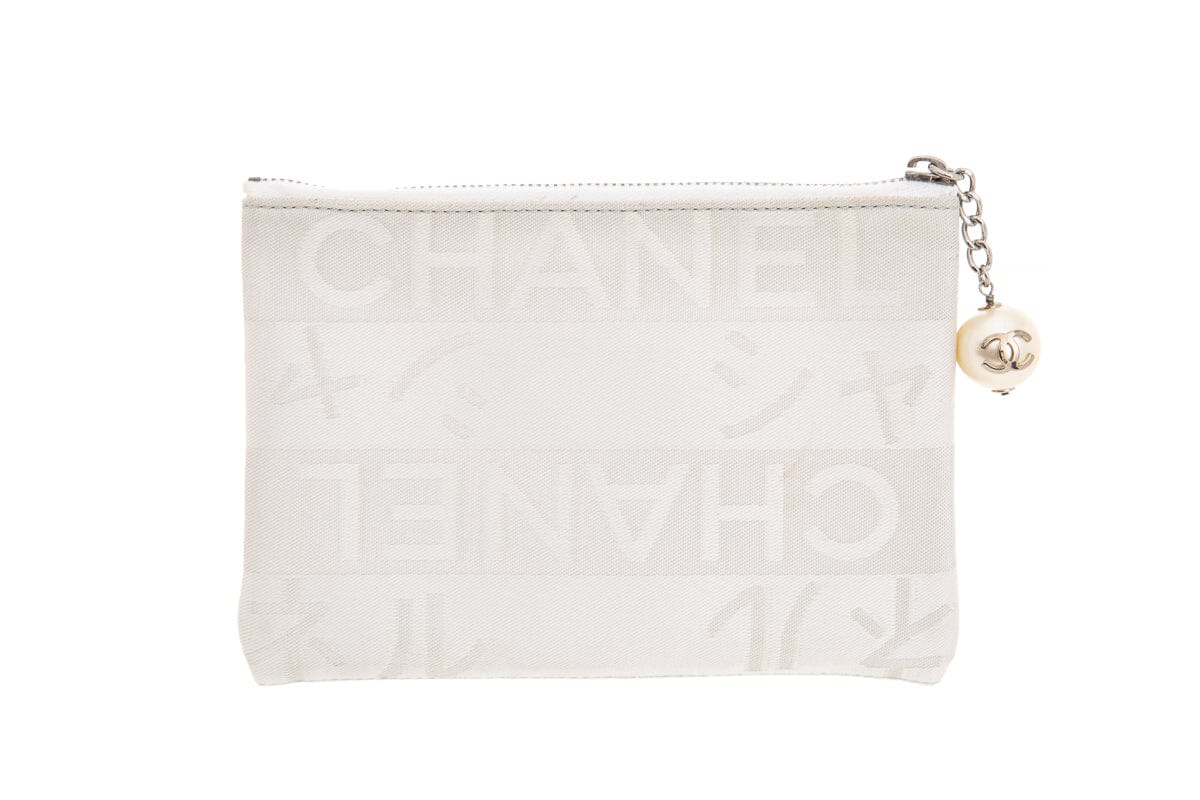 Luxury Chanel Vintage White and Silver Ginza Limited Pearl Coco Mark Pouch