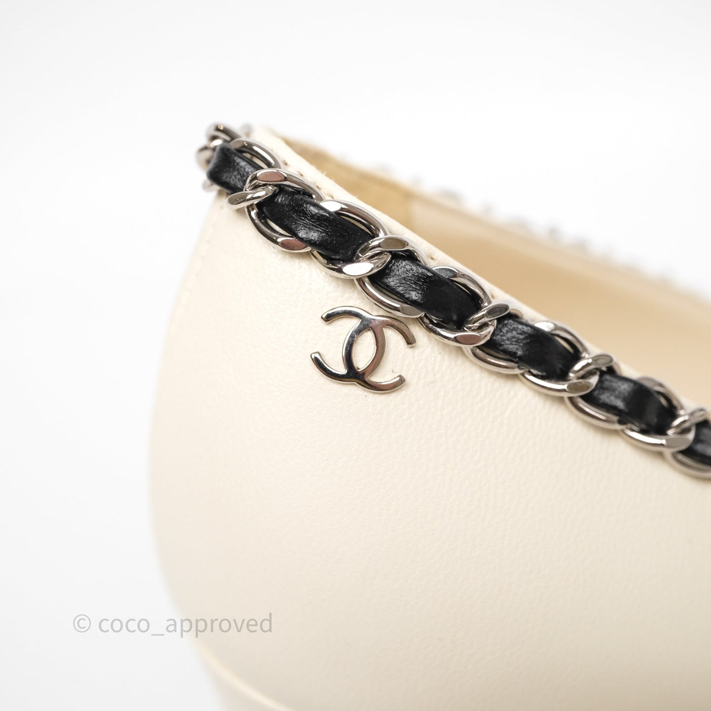 Chanel Classic Heels White With Black Leather Chain Size 36.5
