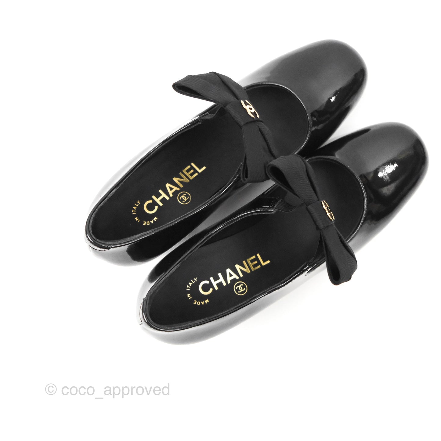 Chanel CC Ribbon Mary Jane Block Heels Black Patent 24C