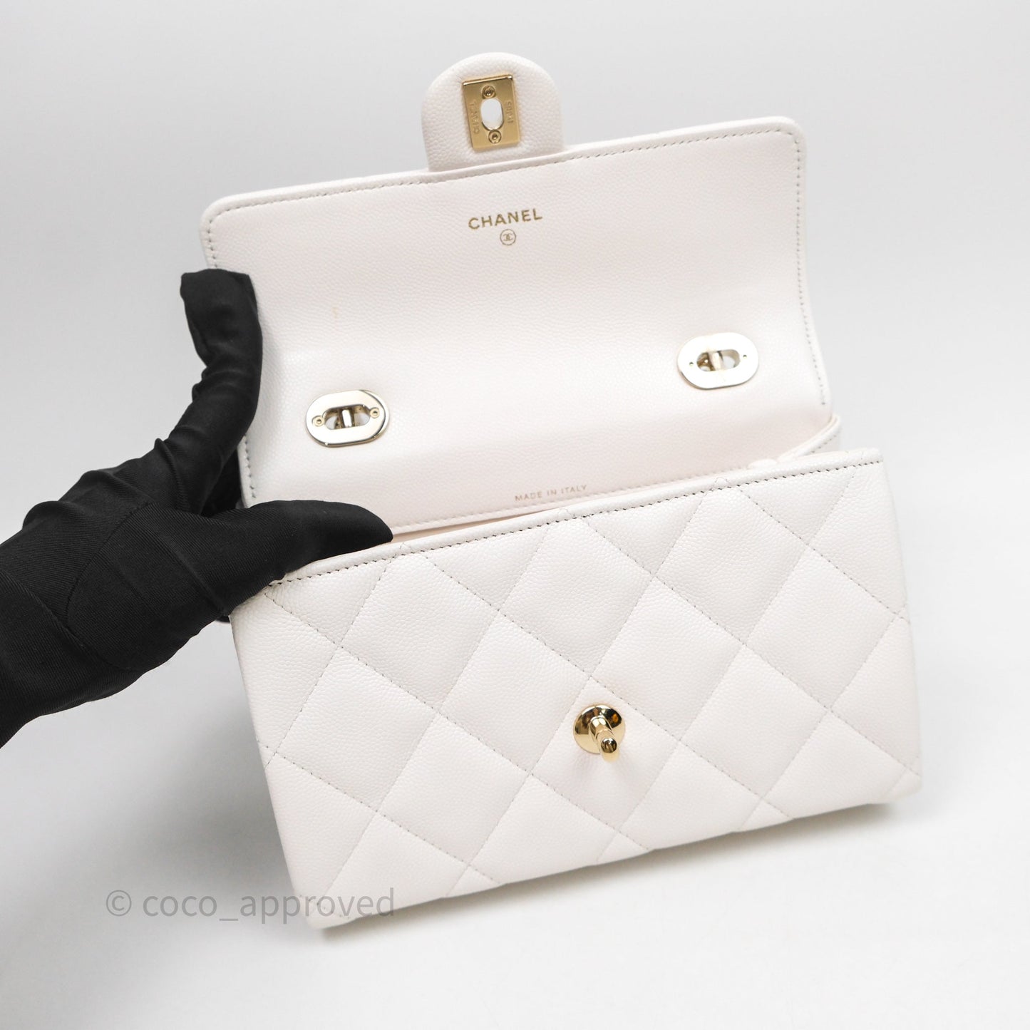 Chanel Small Coco Lady Quilted Flap Bag With Top Handle White Calfskin Gold Hardware