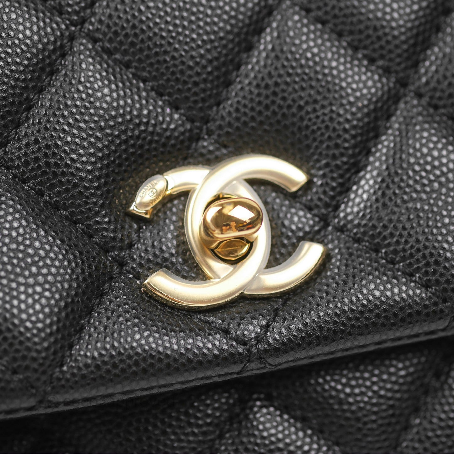 Chanel Small Coco Handle Black Caviar Gold Hardware Lizard Embossed Handle