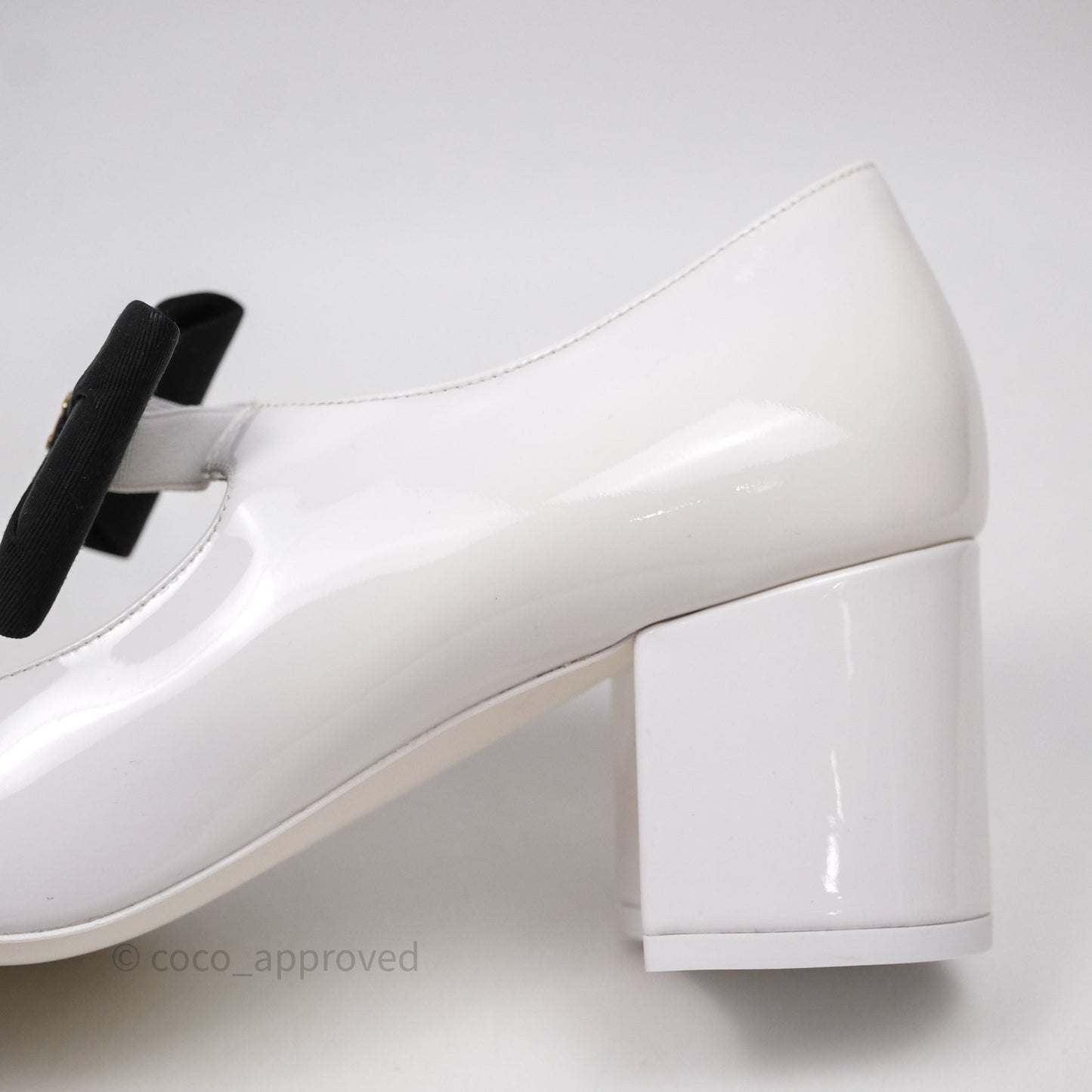 Chanel CC Ribbon Mary Jane Block Heels White Patent Size 39