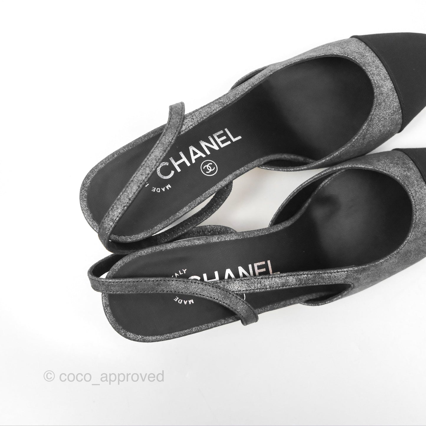 Chanel Classic Slingback Pumps Metallic Lambskin Silver Black