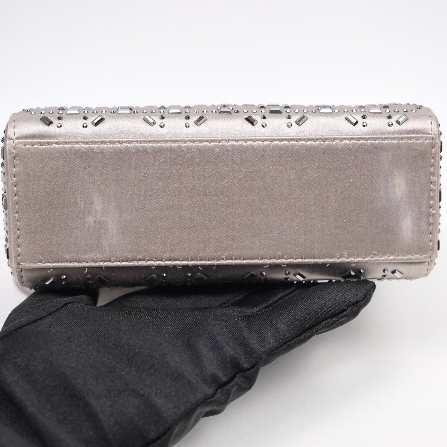 Christian Dior Mini Lady Dior Bag Grey Strass Cannage Satin Silver Hardware