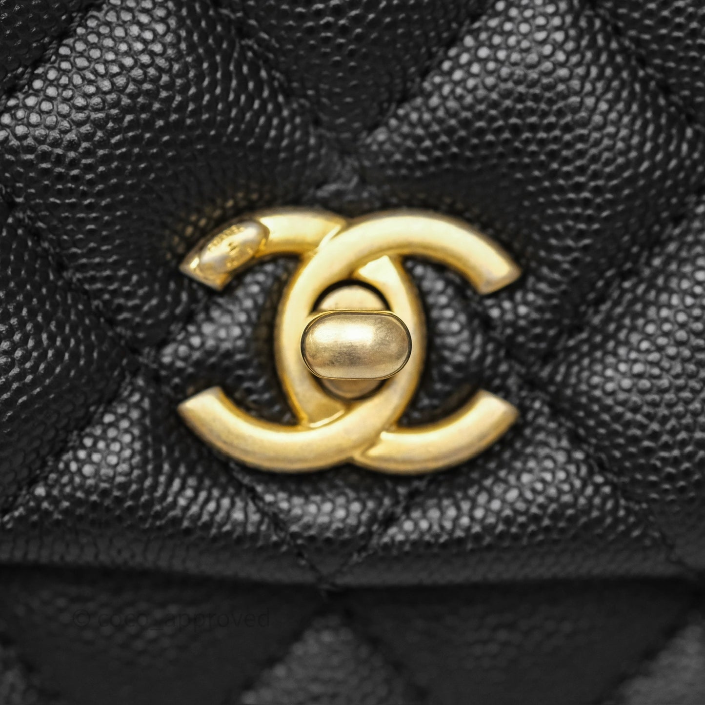 Chanel Small Coco Handle Quilted Black Caviar Aged Gold Hardware Lizard Handle