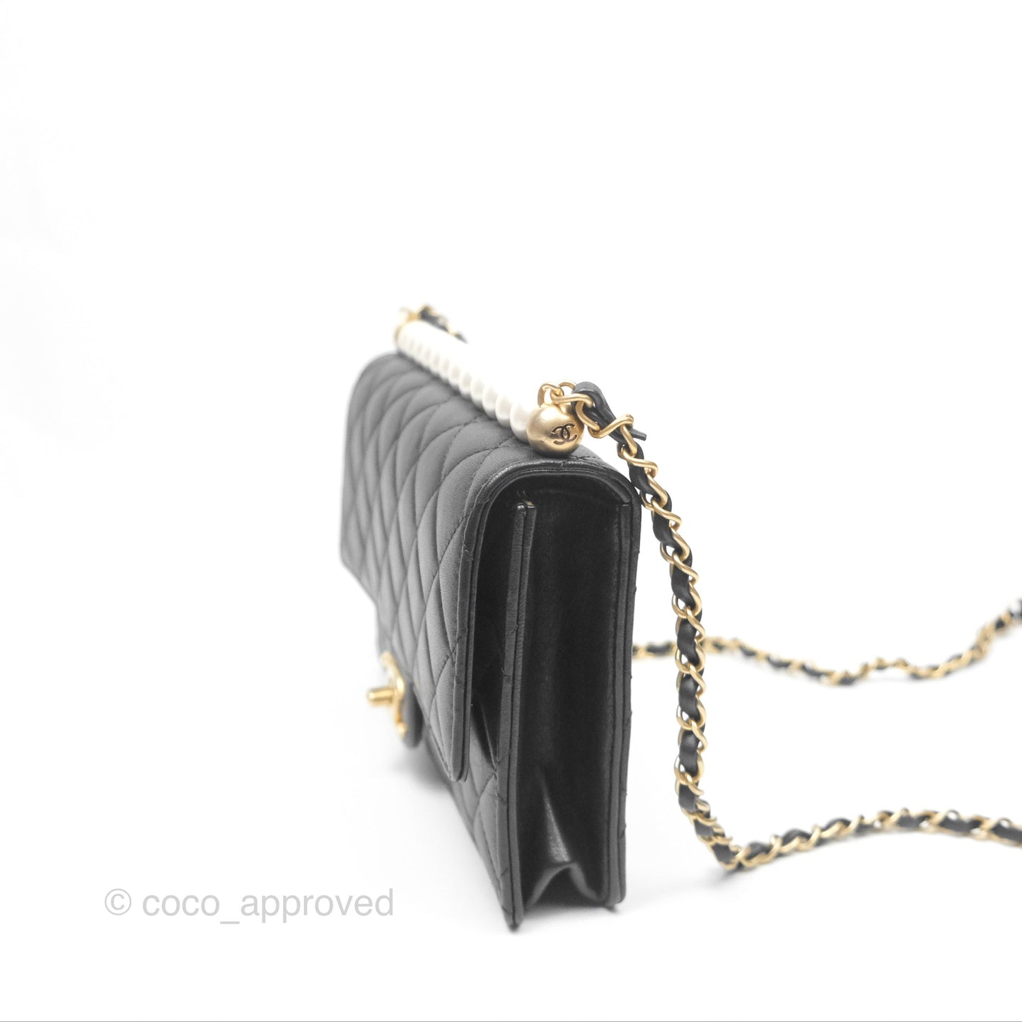 Chanel Small Chic Pearls Flap Quilted Black Goatskin Aged Gold Hardware