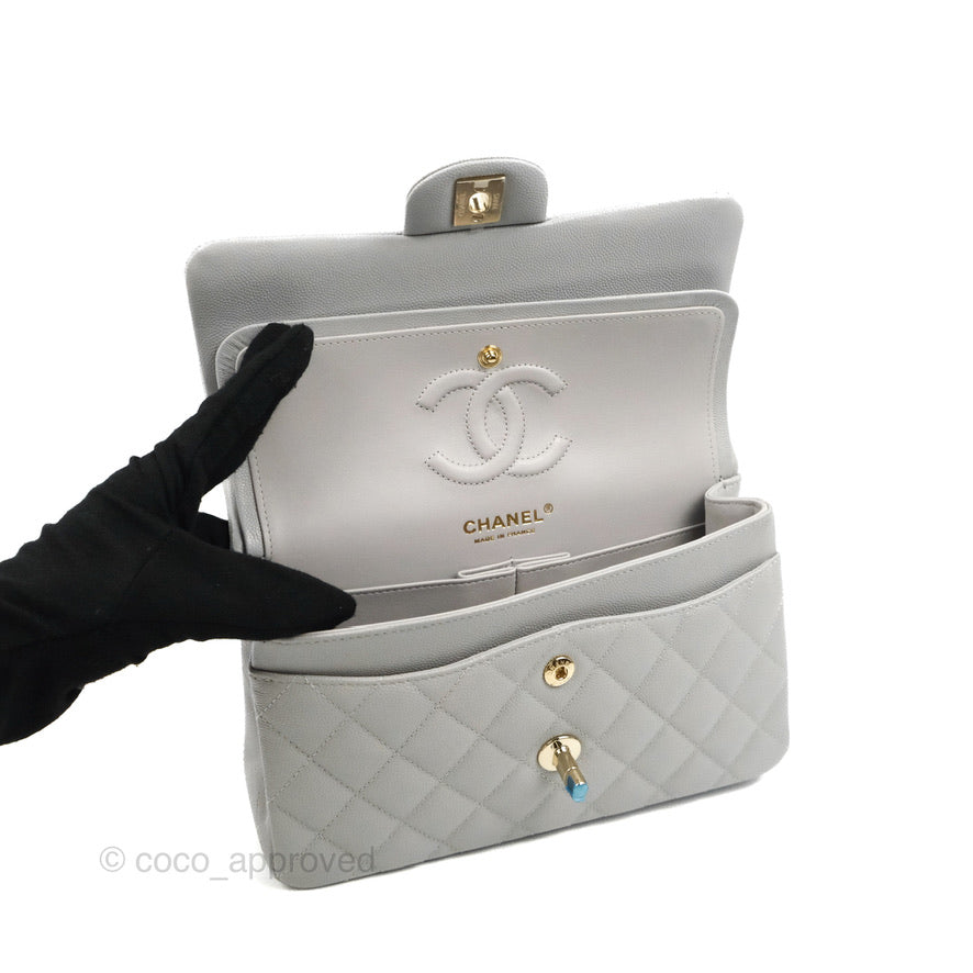 Chanel Classic Small S/M Quilted Flap Grey Caviar Gold Hardware 21A