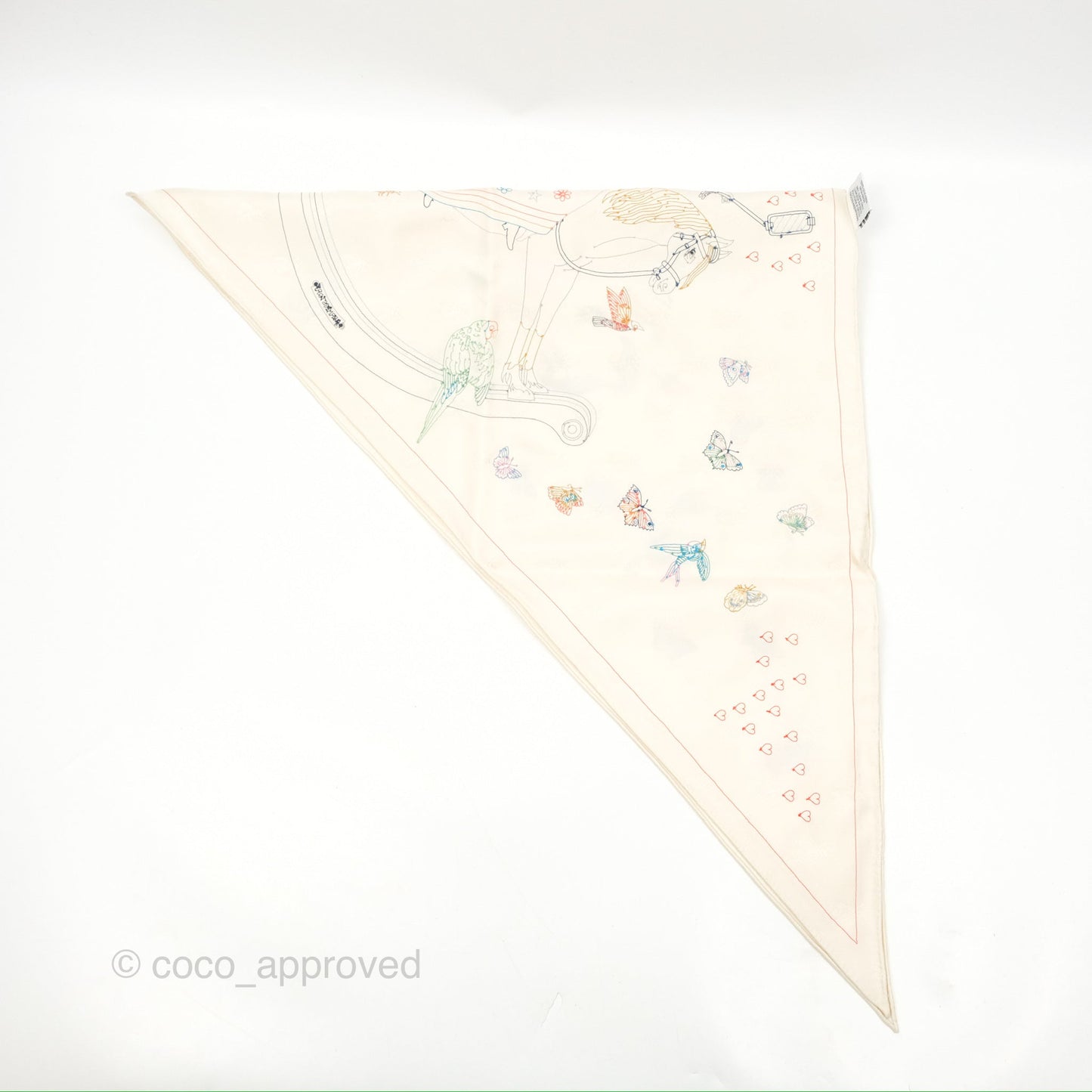Hermes Story Embroidered Triangle Scarf Silk Ivory