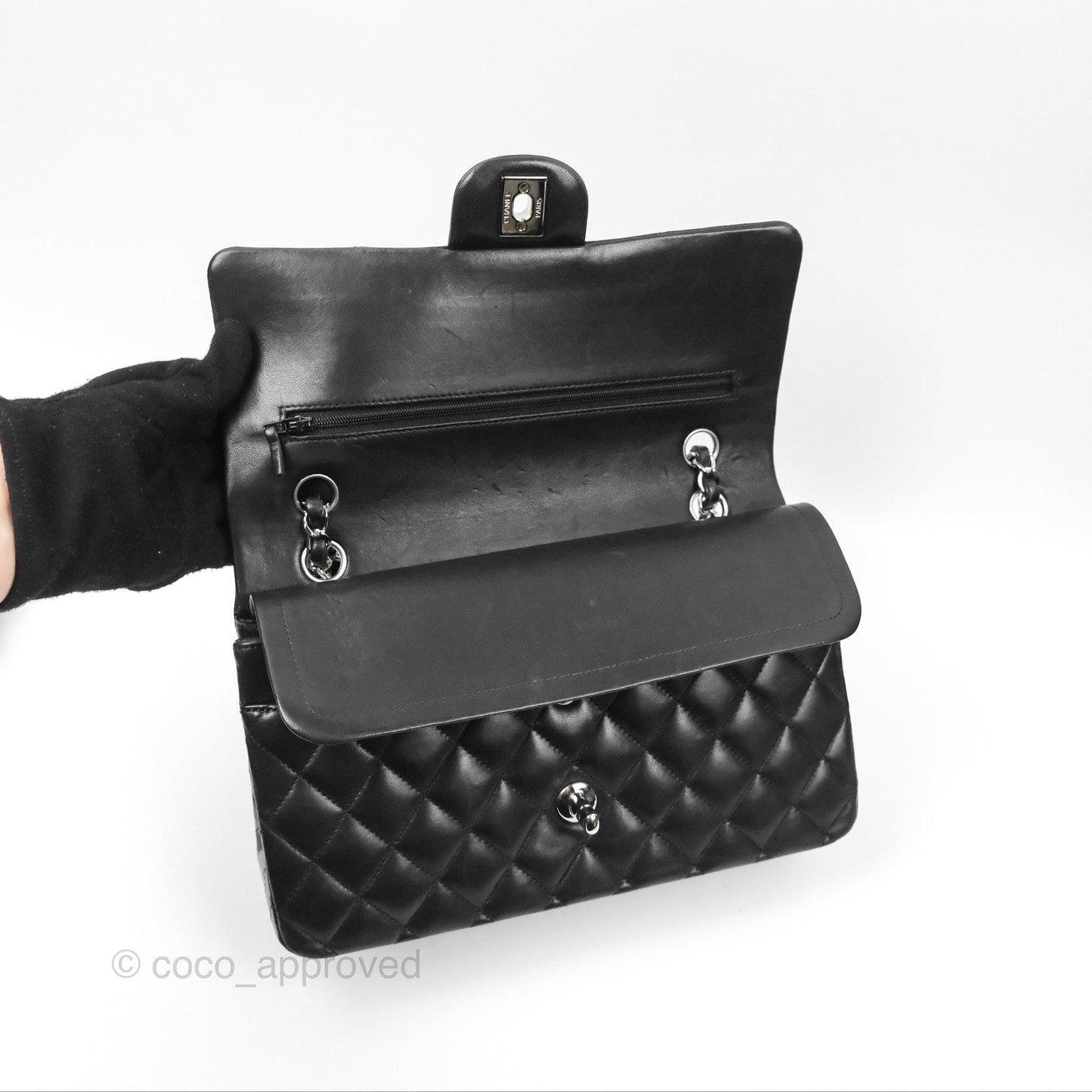 Chanel Classic M/L Medium Flap Quilted Black Lambskin Silver Hardware