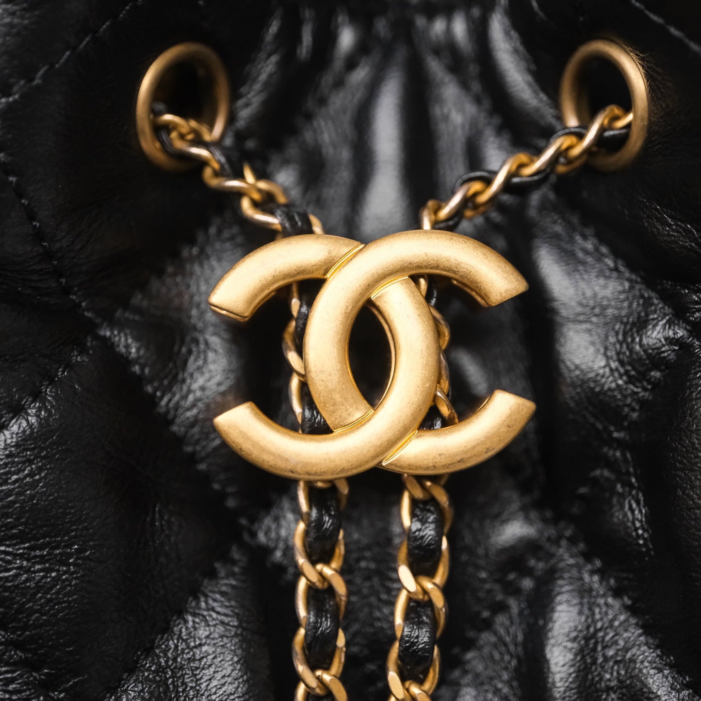 Chanel 25 Medium Black Crumpled Calfskin Aged Gold Hardware