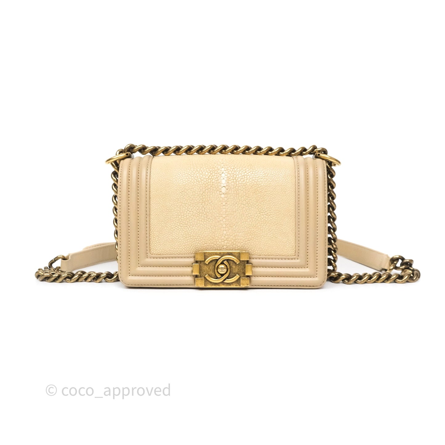 Chanel Small Boy Stingray Beige Antique Gold Hardware