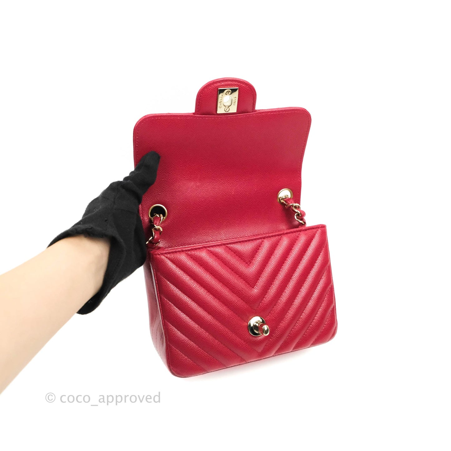 Chanel Mini Square Chevron Rosy Red Caviar Gold Hardware 18B