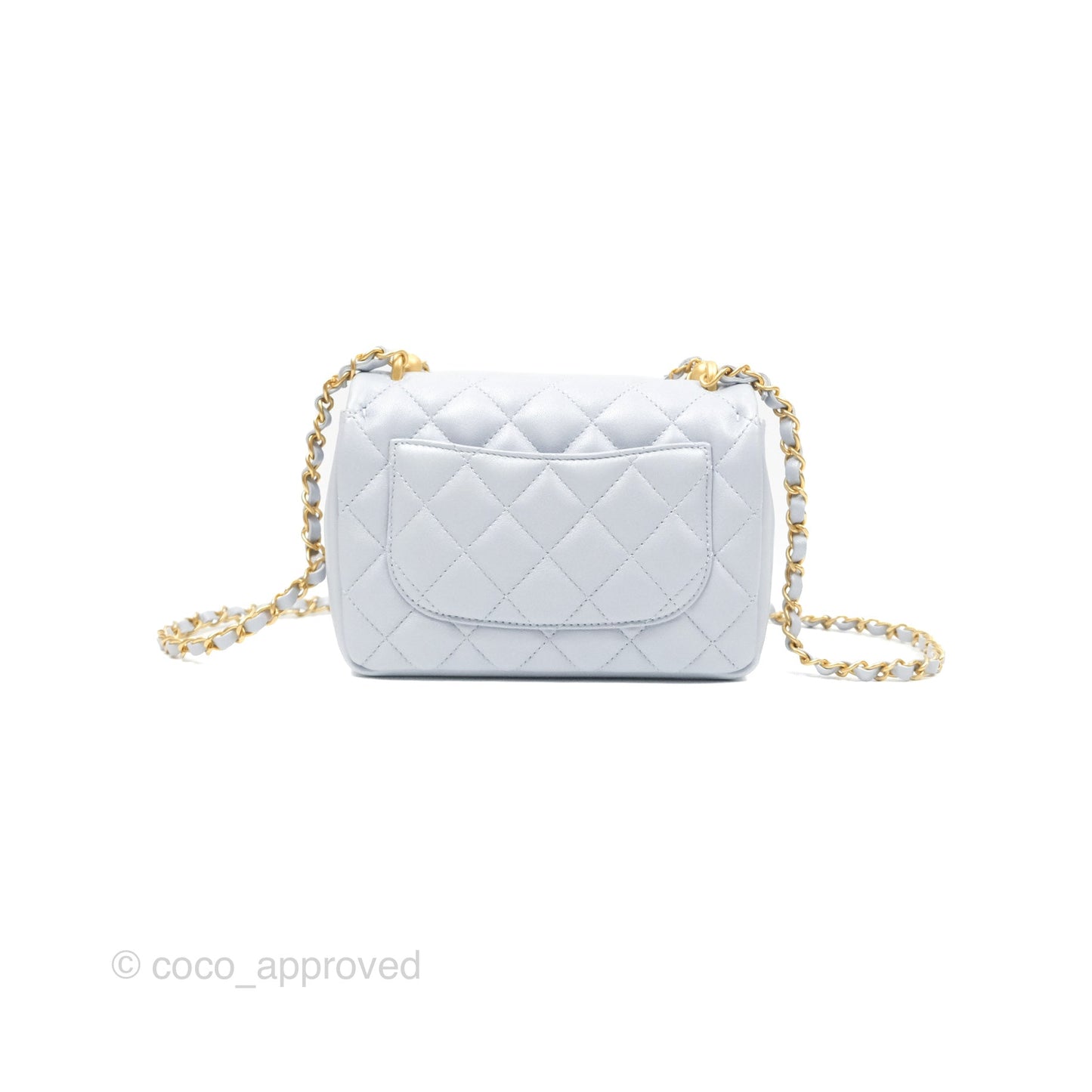 Chanel Mini Flap Bag with Pearl Chain Pearly Light Blue Lambskin Aged Gold Hardware 24P