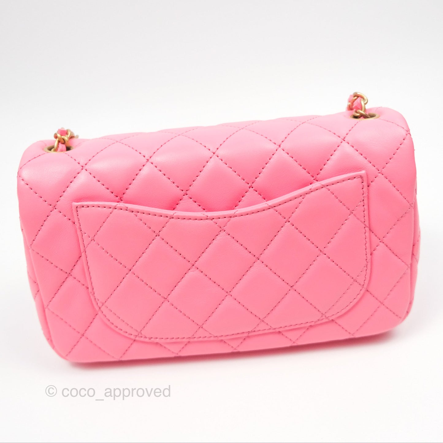 Chanel Mini Rectangular Pearl Crush Quilted Pink Lambskin Aged Gold Hardware