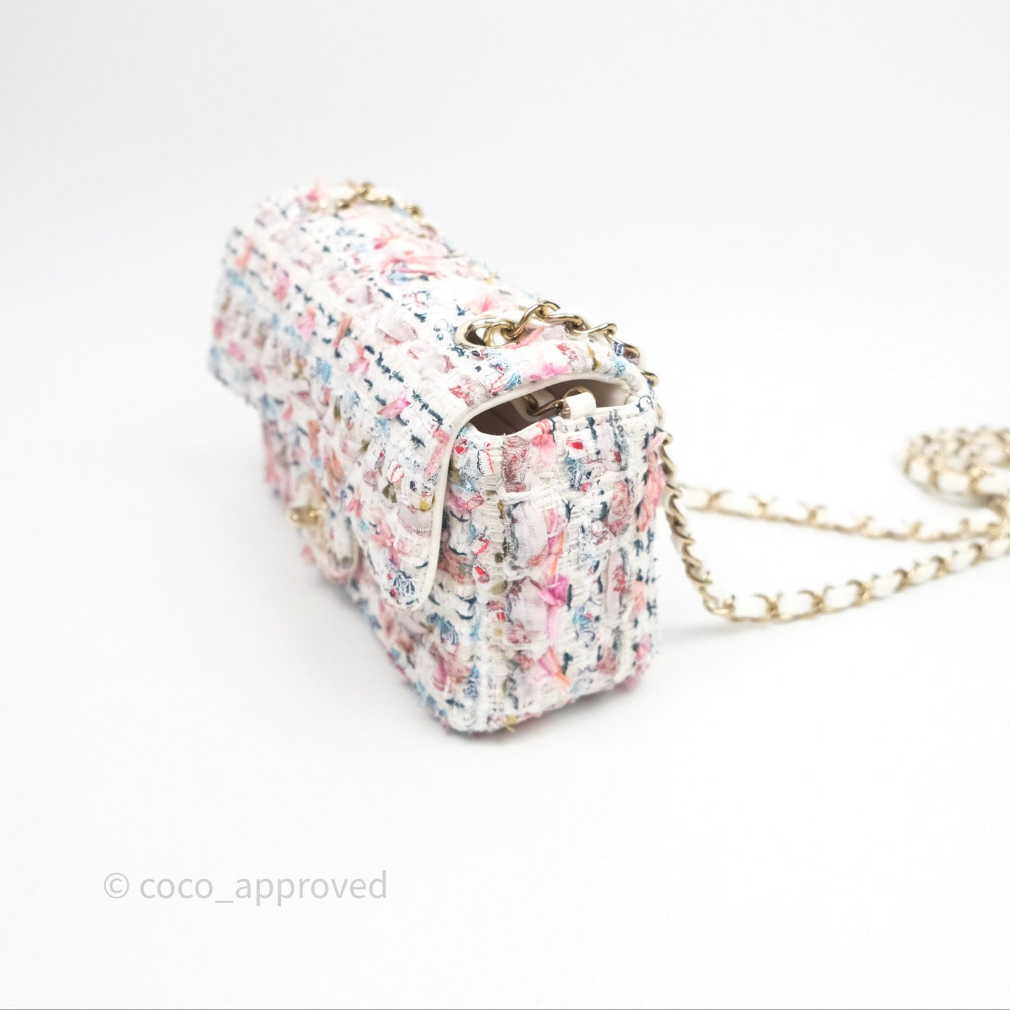 Chanel Tweed Quilted Mini Rectangular Flap Pink Tweed Gold Hardware 22K