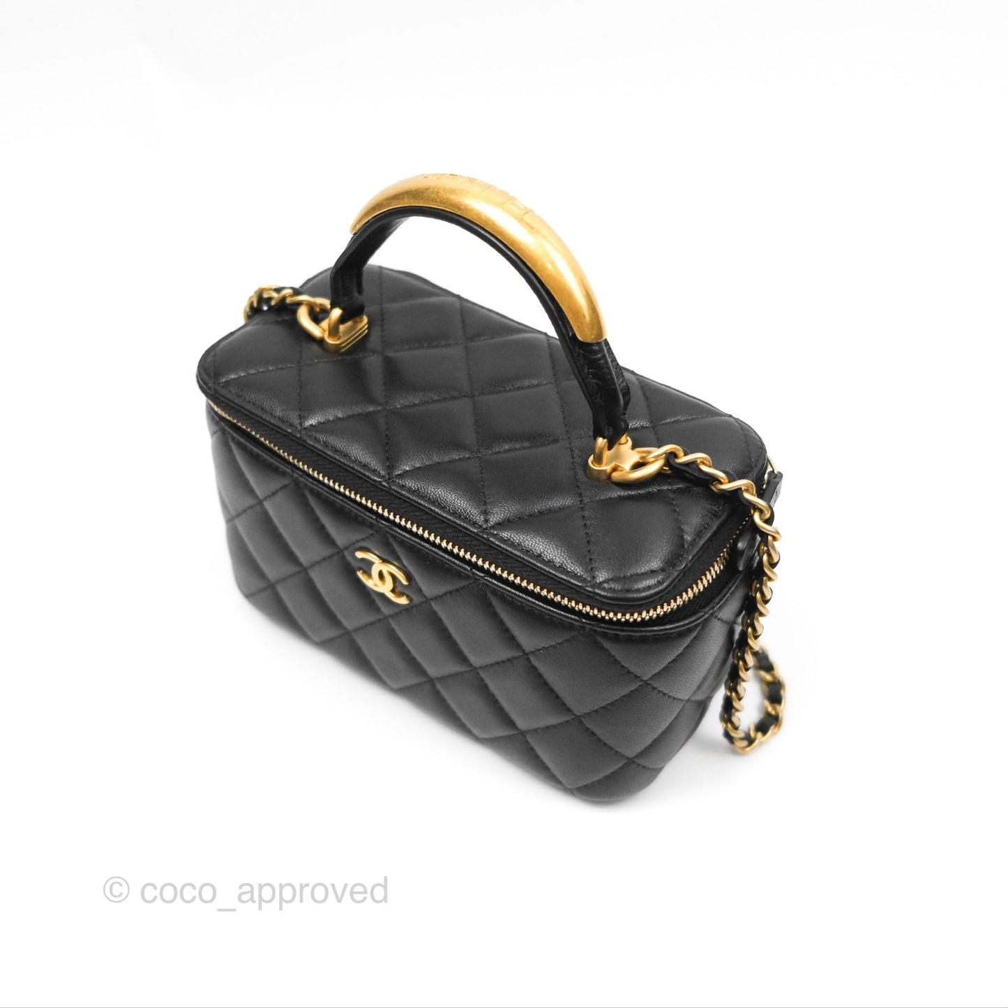 Chanel Vanity Rectangular Metal Top Handle Black Lambskin Aged Gold Hardware 22B