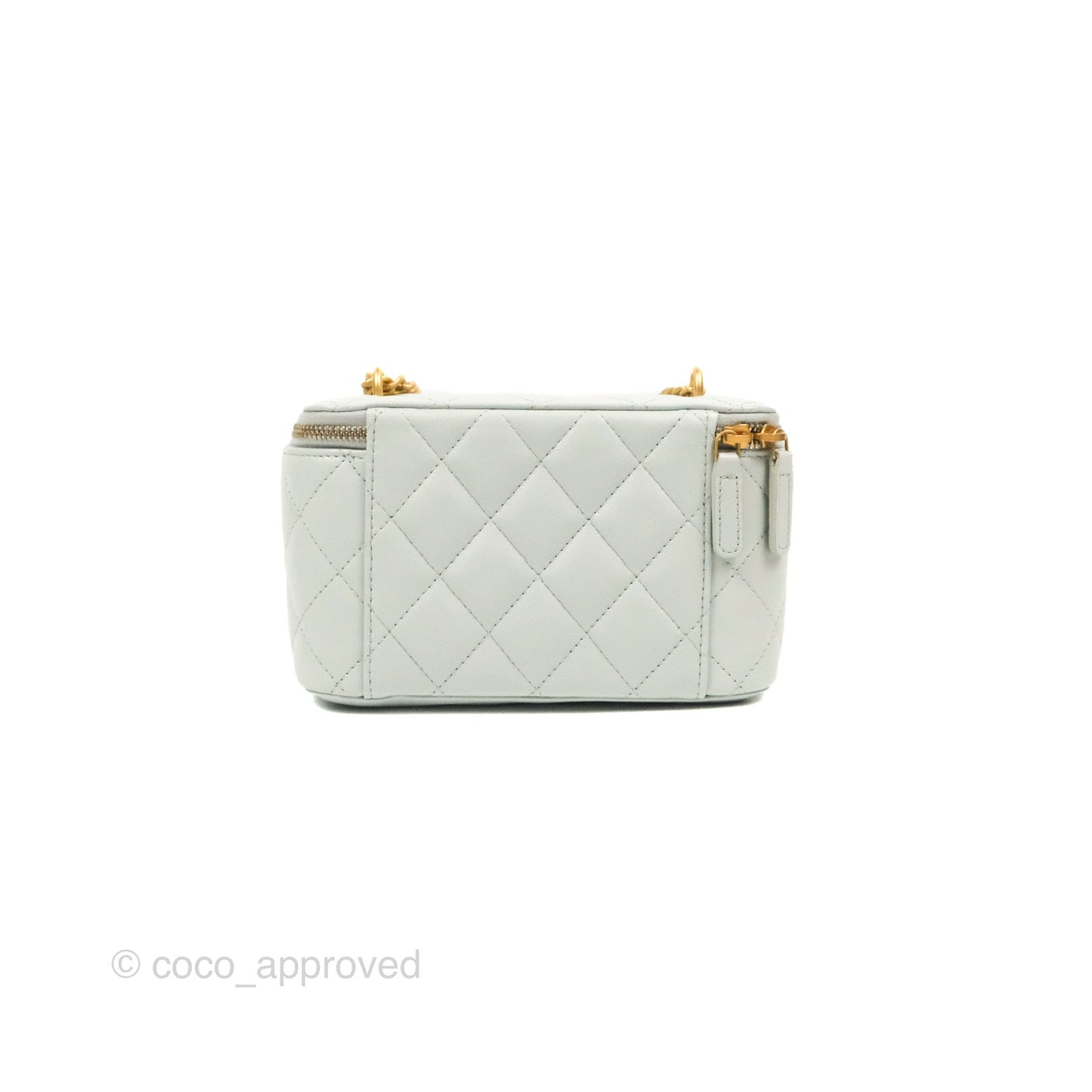 Chanel Quilted Vanity Rectangular with Camellia Adjustable Chain Light Blue Lambskin 23S