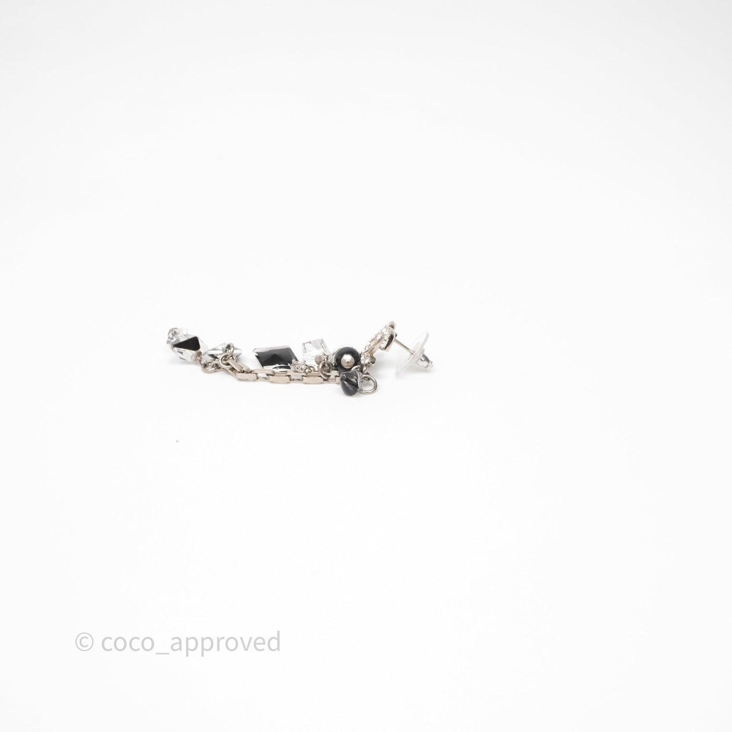 Chanel CC Black Resin Crystals Drop Earrings Silver Tone 19B
