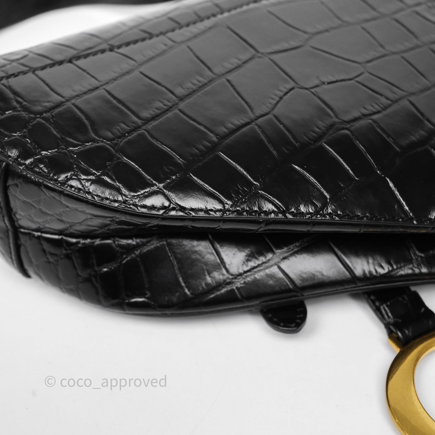 Christian Dior Saddle Bag Black Shiny Crocodile Gold Hardware