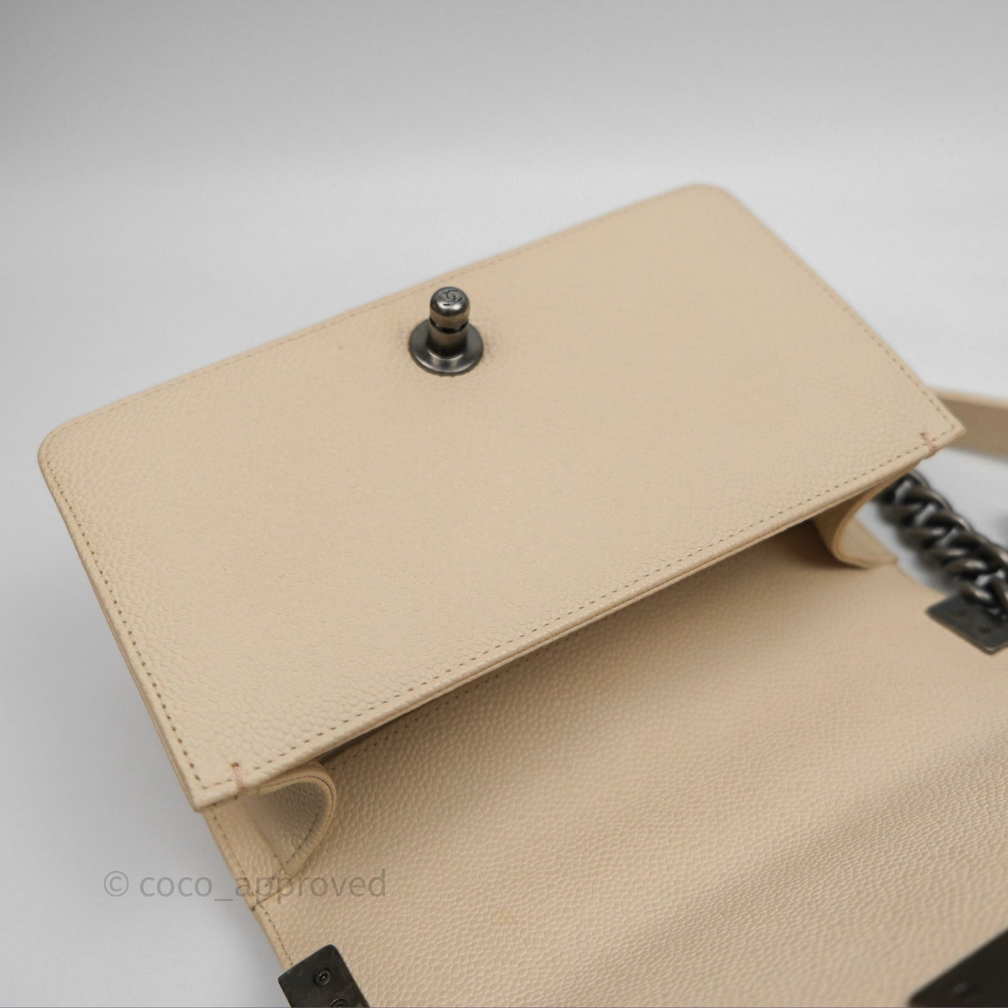 Chanel Small Boy Chevron Beige Caviar Ruthenium Hardware