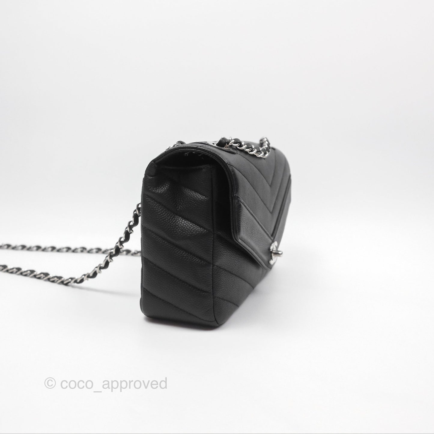 Chanel Chevron Flap Bag Black Caviar Silver Hardware