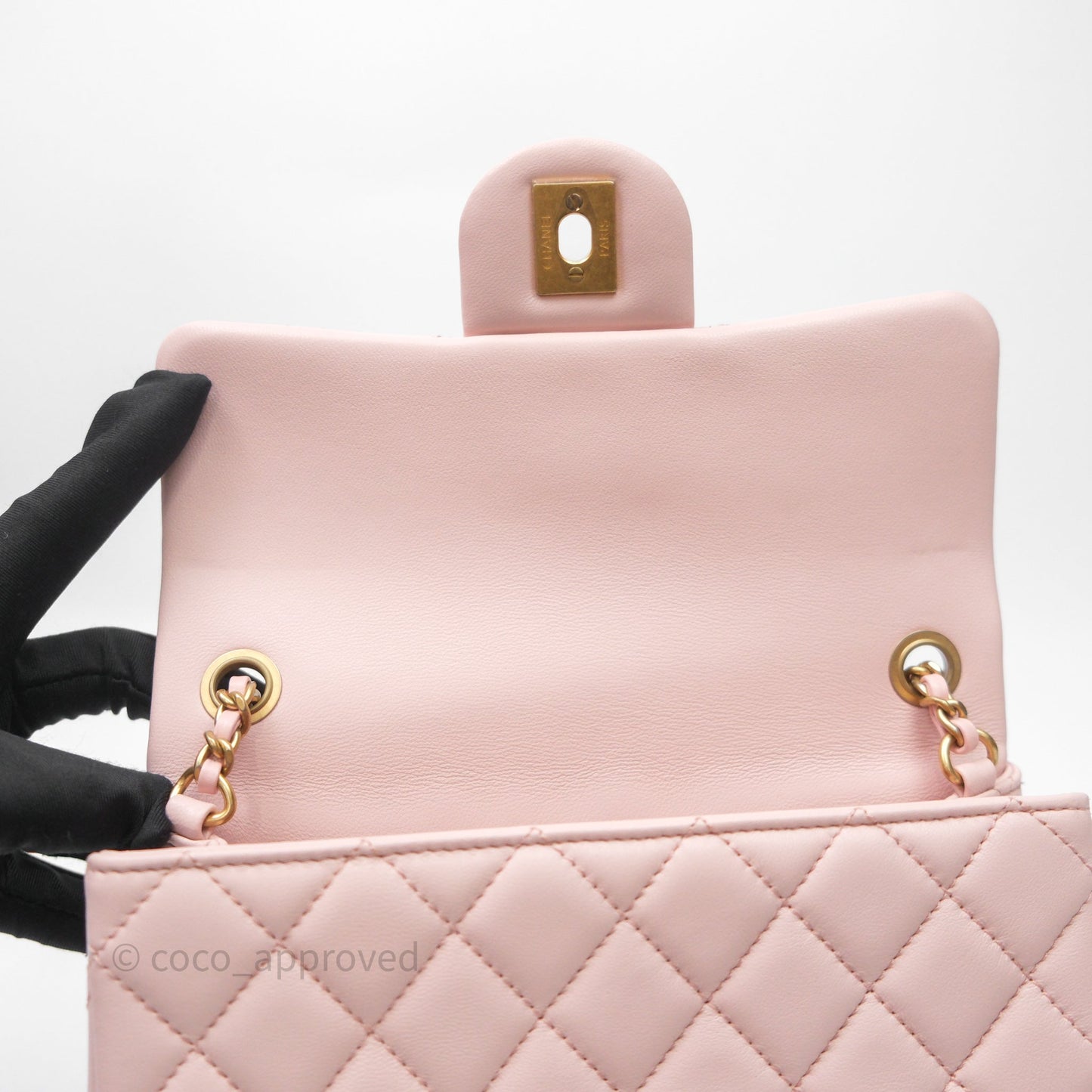 Chanel Mini Rectangular Pearl Crush Baby Pink Lambskin Aged Gold Hardware