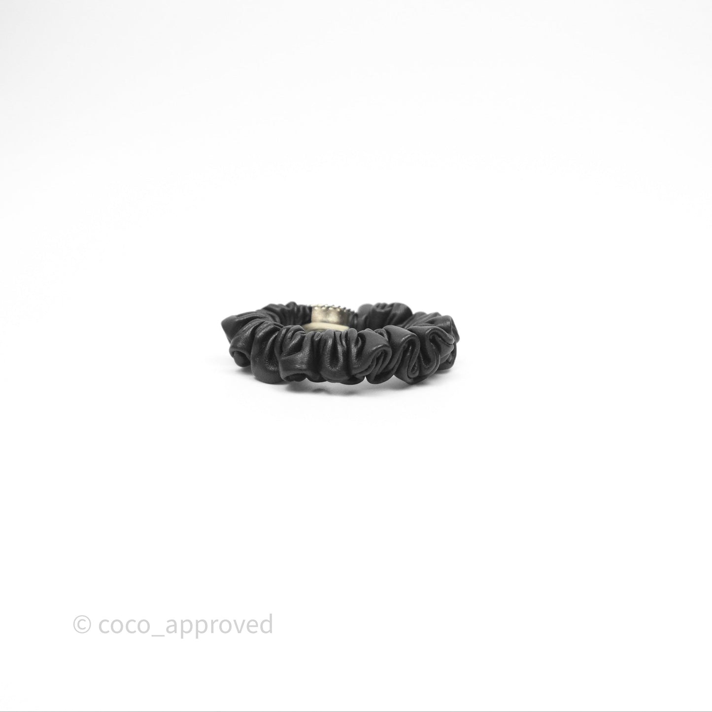 Chanel CC Black Leather Scrunchie Hair Accessory Gold Tone 22P