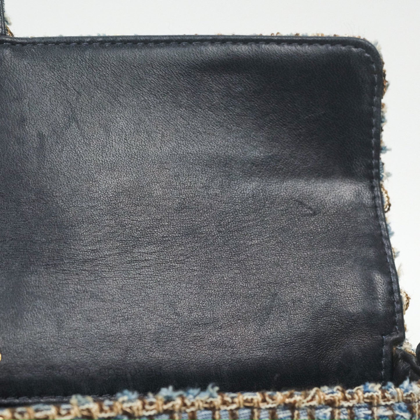 Chanel East West Chocolate Bar Flap Bag Grey Blue Tweed 24K Gold Hardware