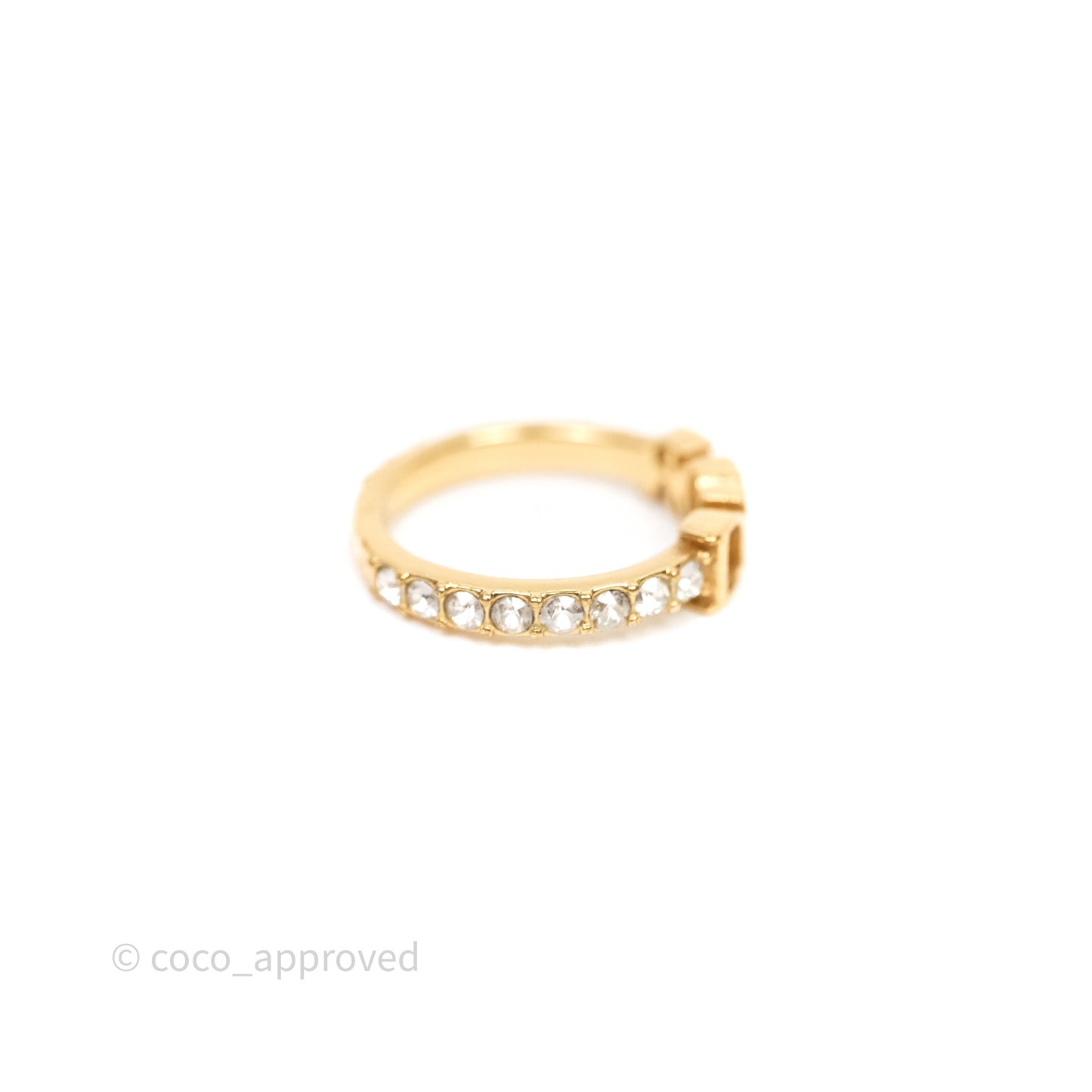 Christian Dior Crystal Logo Ring Gold Tone Size S