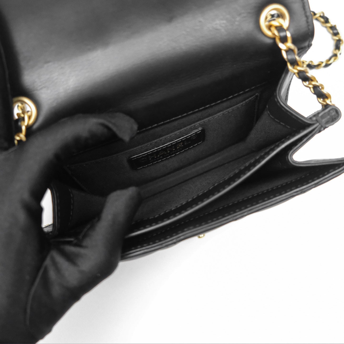 Chanel Quilted Side Chain Flap Bag Black Calfskin Aged Gold Hardware