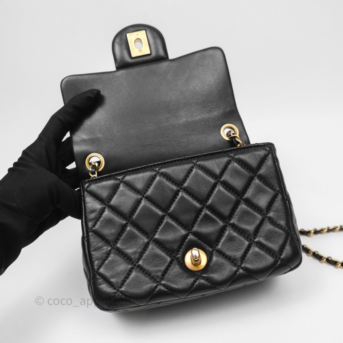 Chanel Pearl Crush Mini Square Quilted Black Lambskin Aged Gold Hardware