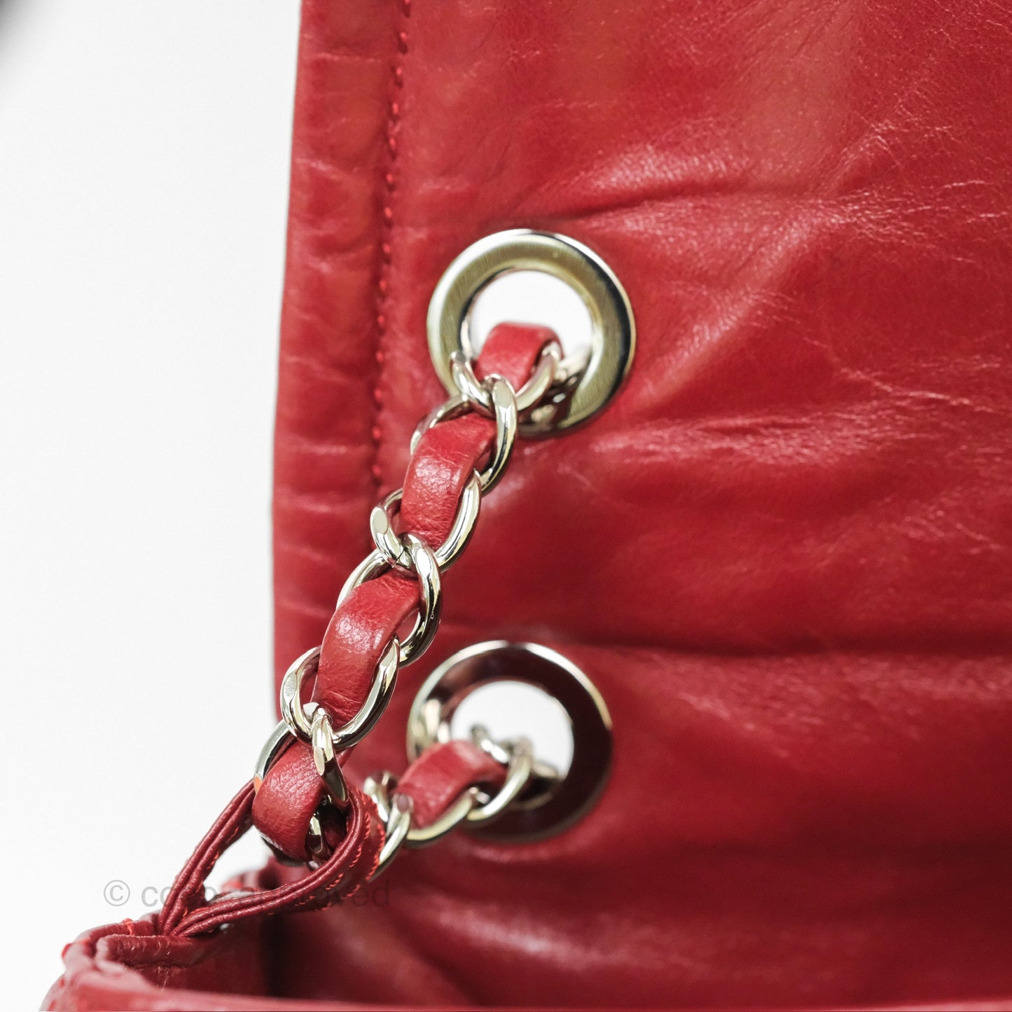 Chanel CC Flap Shoulder Bag Dark Red Crumpled Leather Silver Hardware