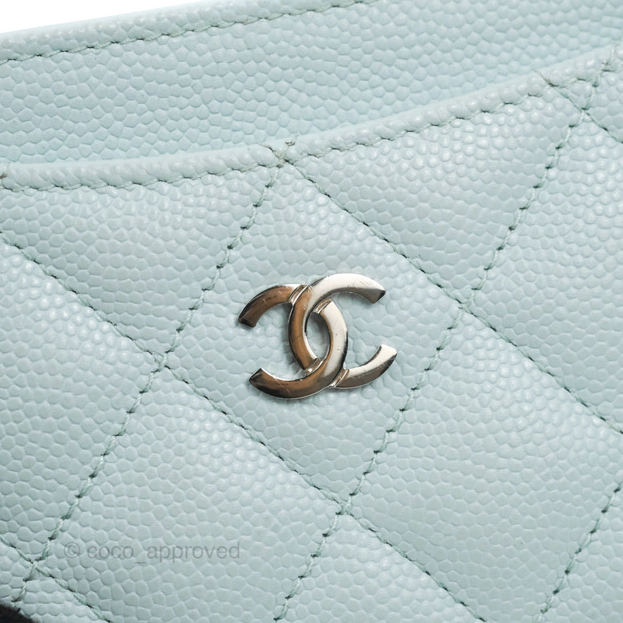 Chanel Classic Caviar Flat Card Holder Blue Gold Hardware
