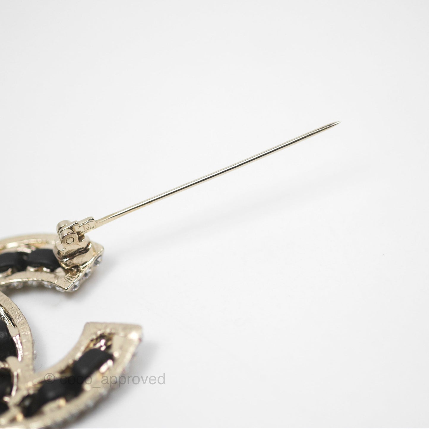 Chanel CC Crystal Braided Leather Black Brooch Gold Tone 24V
