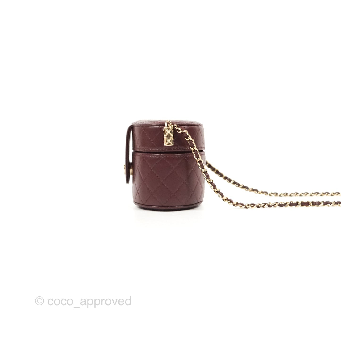 Chanel Quilted Round Vanity Clutch With Chain Burgundy Lambskin Gold Hardware