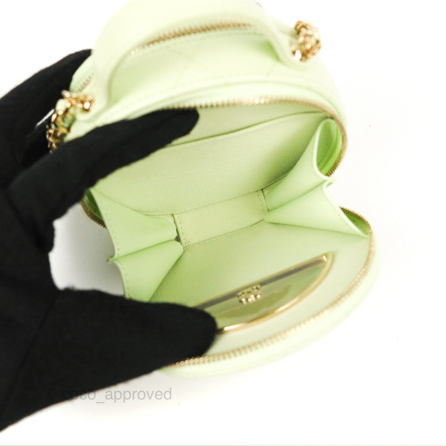 Chanel Mini Round Vanity Bag Handle With Care Light Green Caviar 22C
