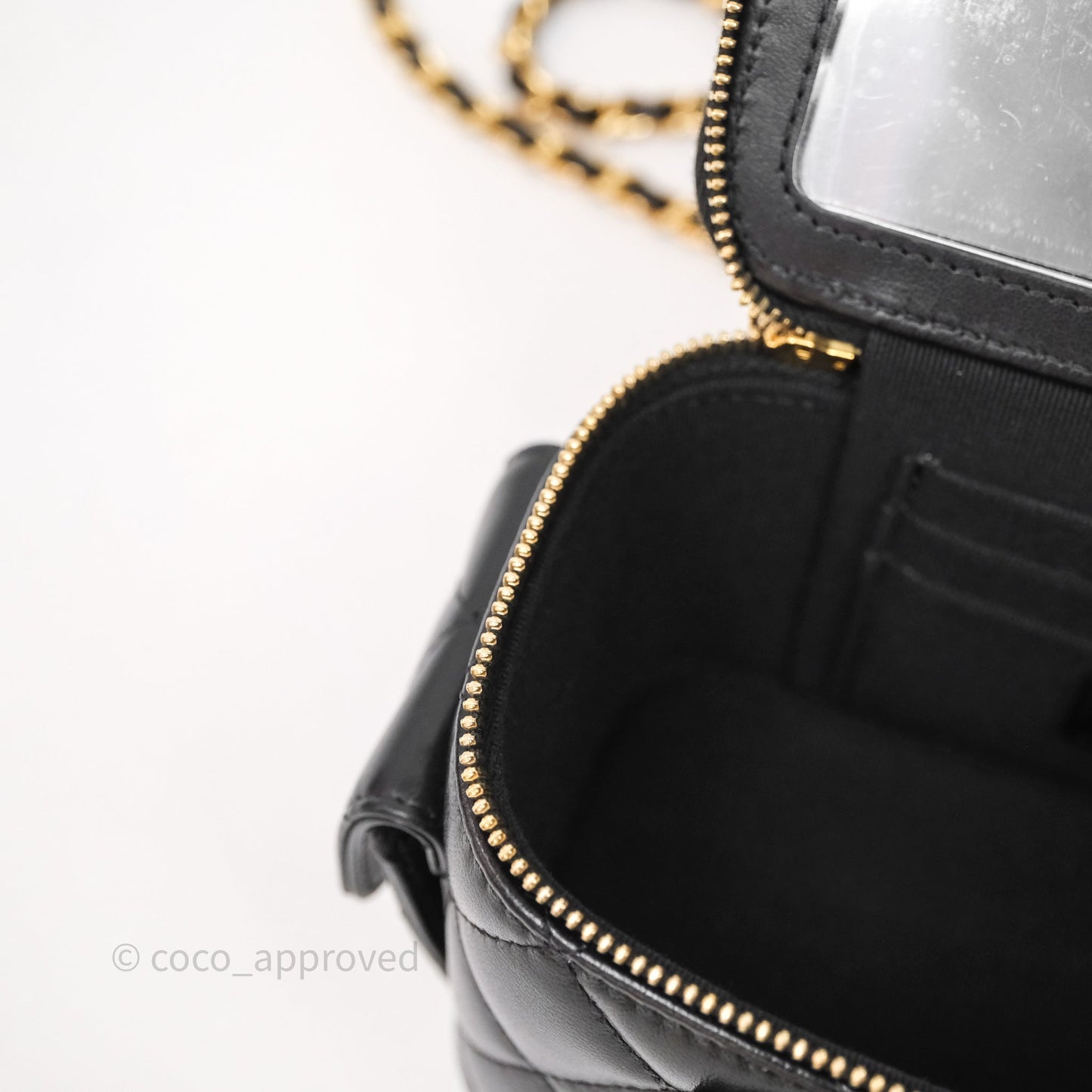 Chanel Quilted Top Handle Pocket Vanity Case Black Shiny Lambskin Bag Gold Hardware