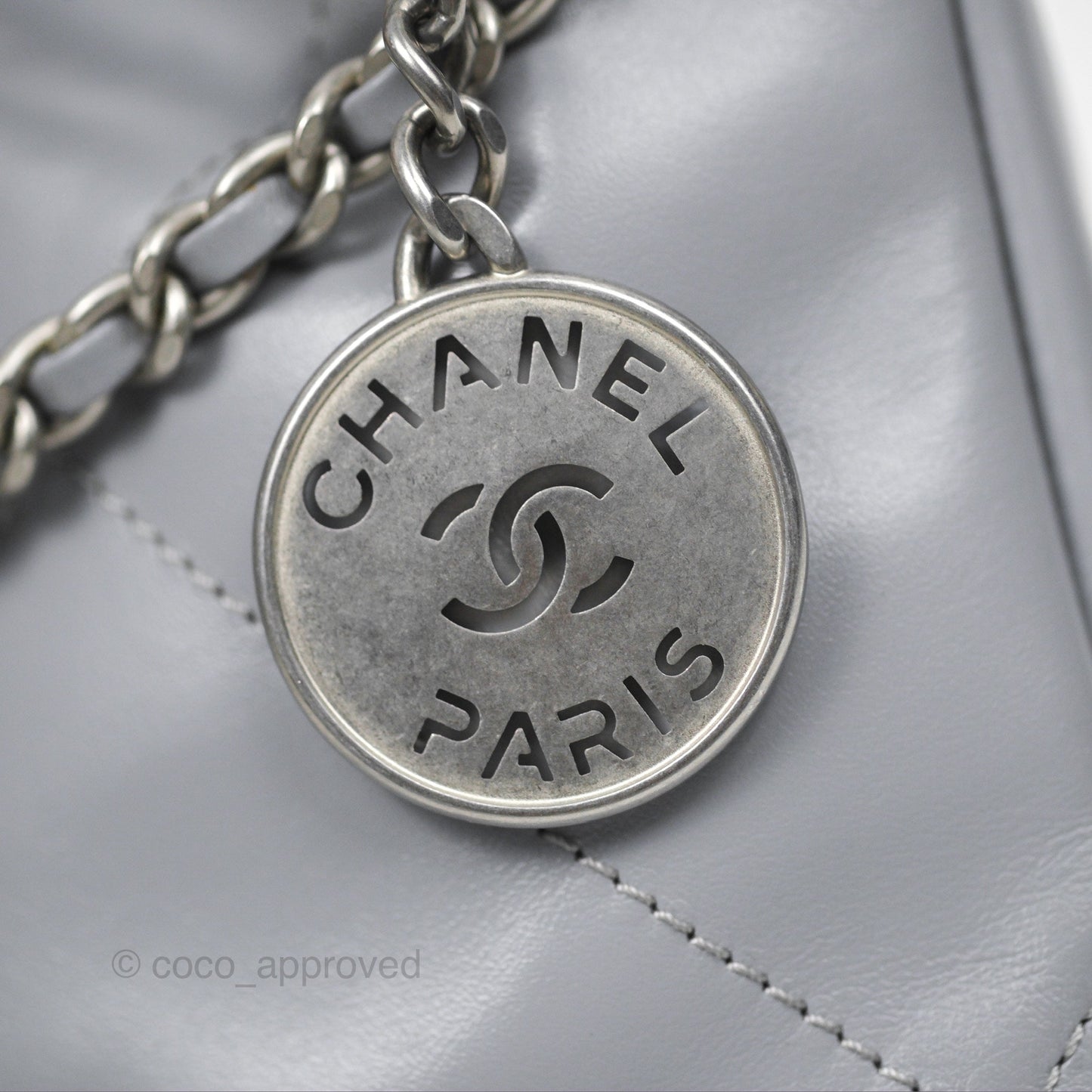 Chanel 22 Mini Bag Light Grey Shiny Crumpled Calfskin Matte Silver Hardware