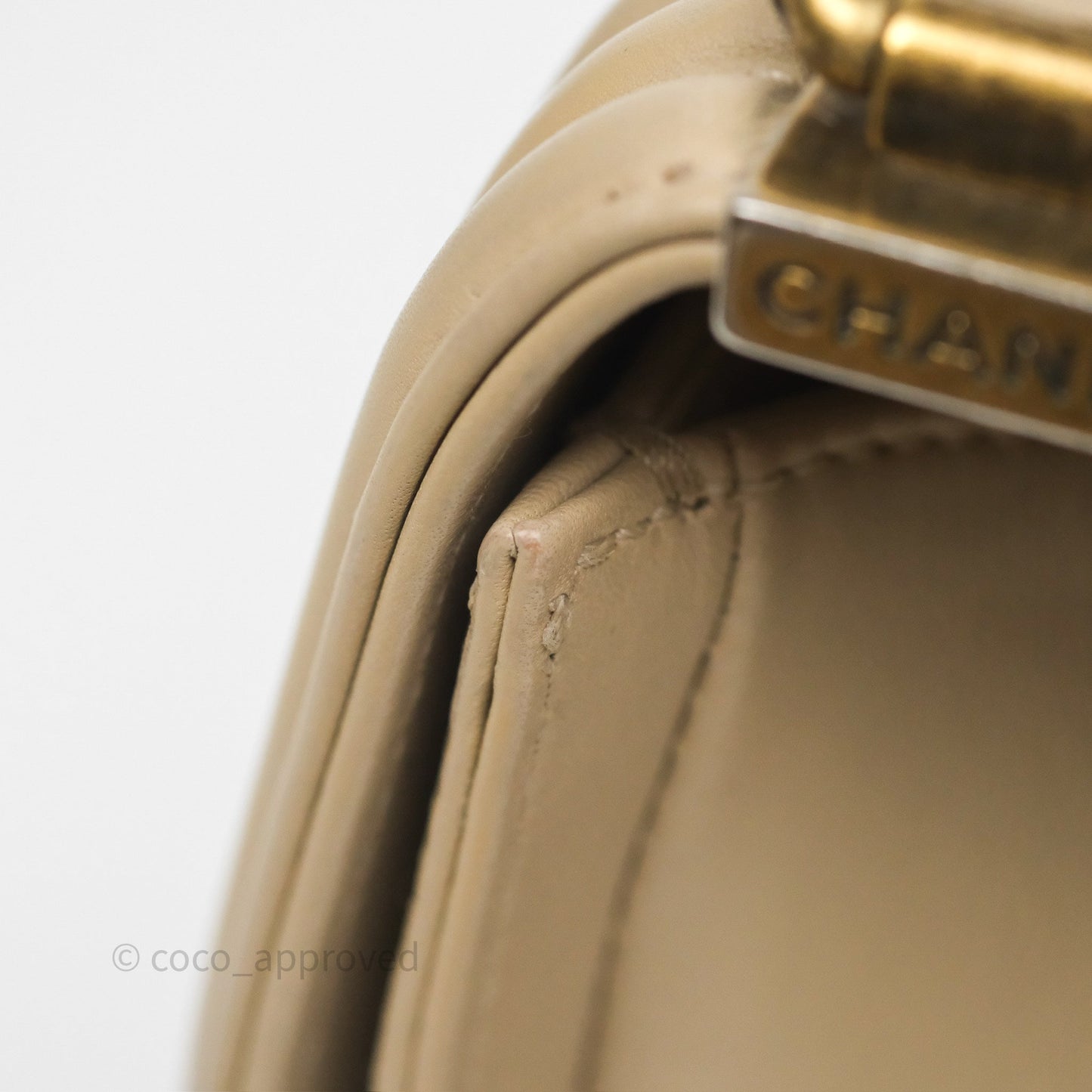 Chanel Small Boy Stingray Beige Antique Gold Hardware